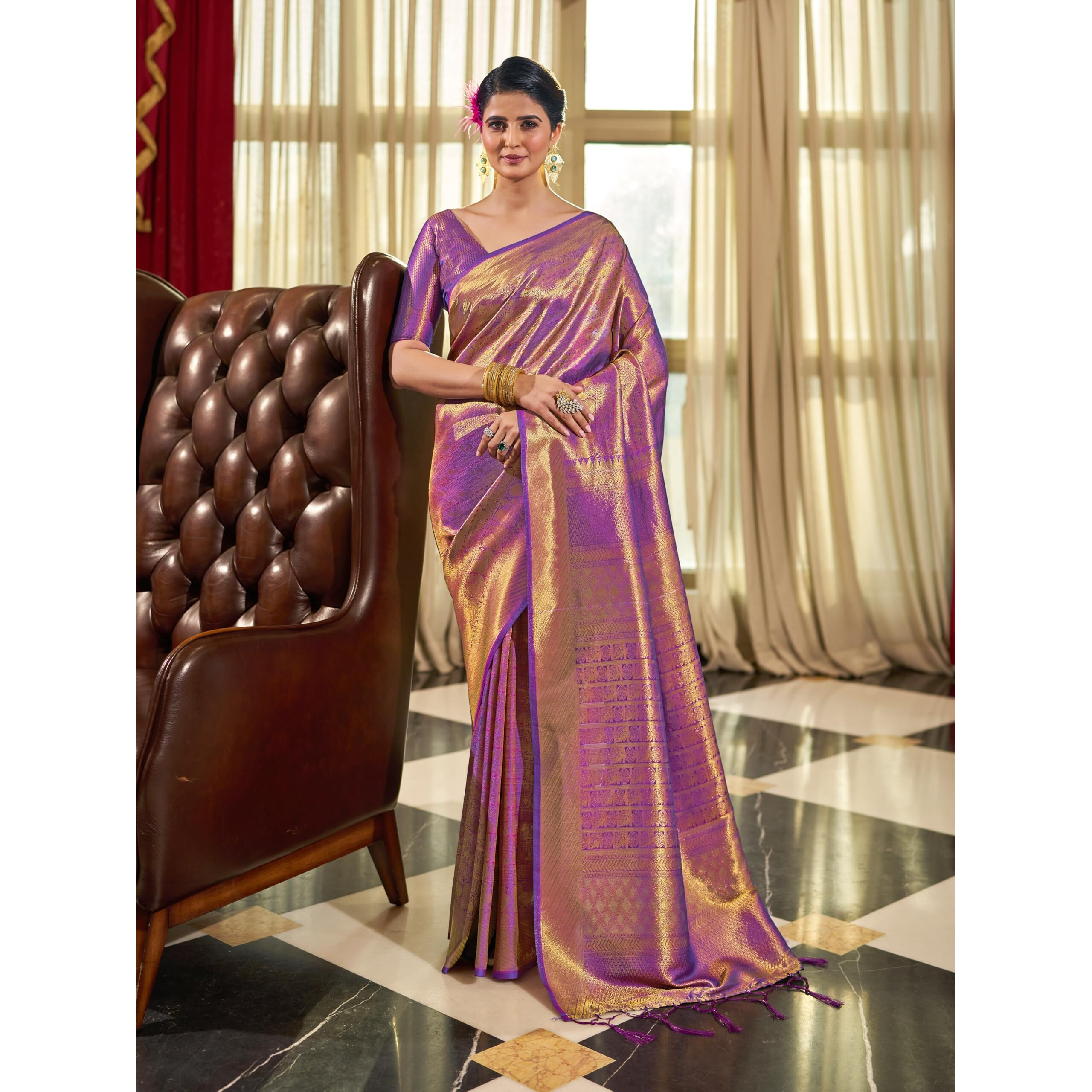 SWORNOF Womens Kanjivaram Banarasi Silk Saree Kanchipuram Patola saree (WINE)