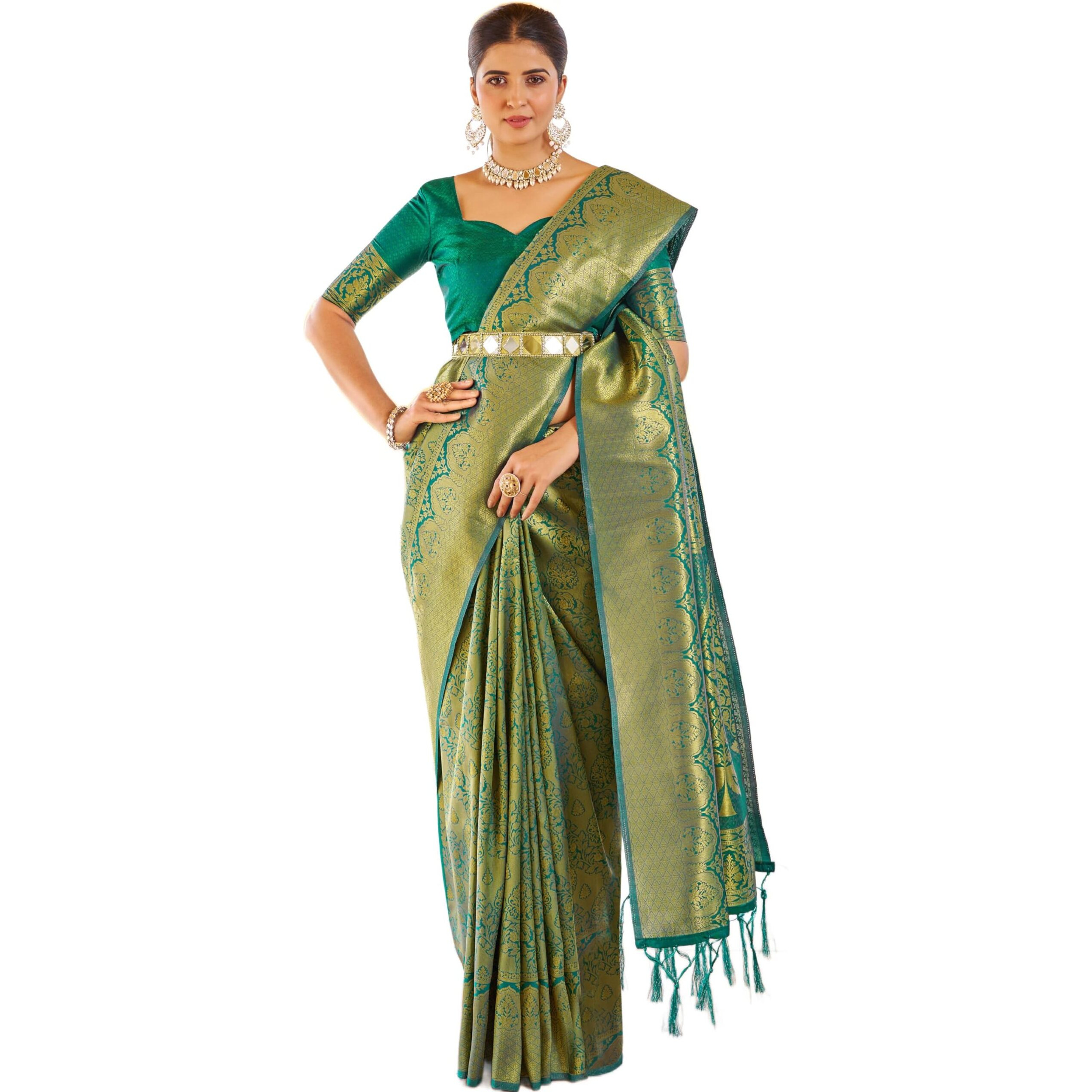 SWORNOF Womens Kanjivaram Soft Silk Saree Patola saree With Blouse Piece (GREEN-2)