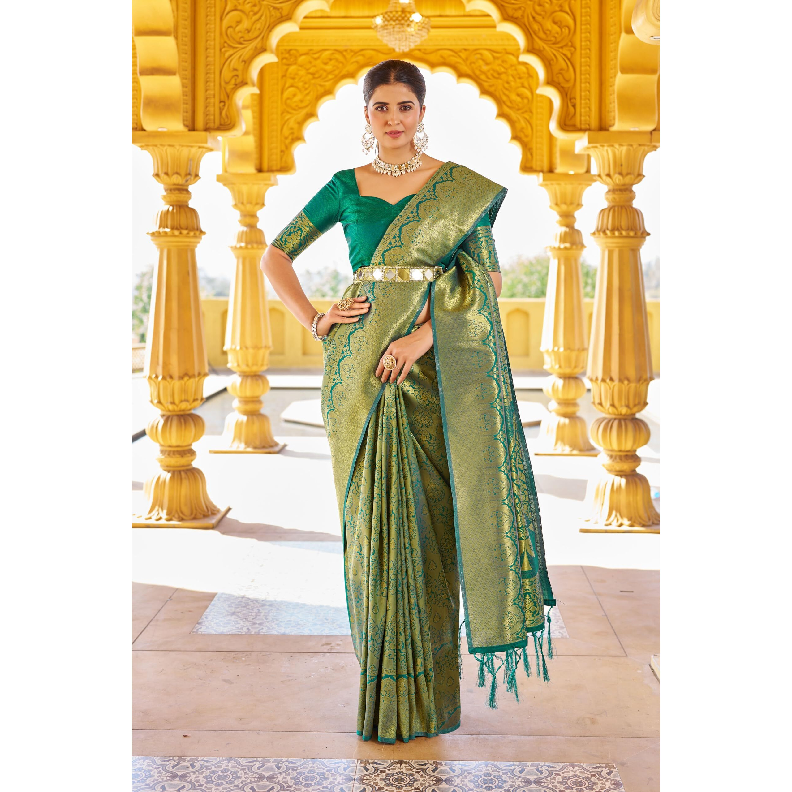 SWORNOF Womens Kanjivaram Soft Silk Saree Patola saree With Blouse Piece (GREEN-2)