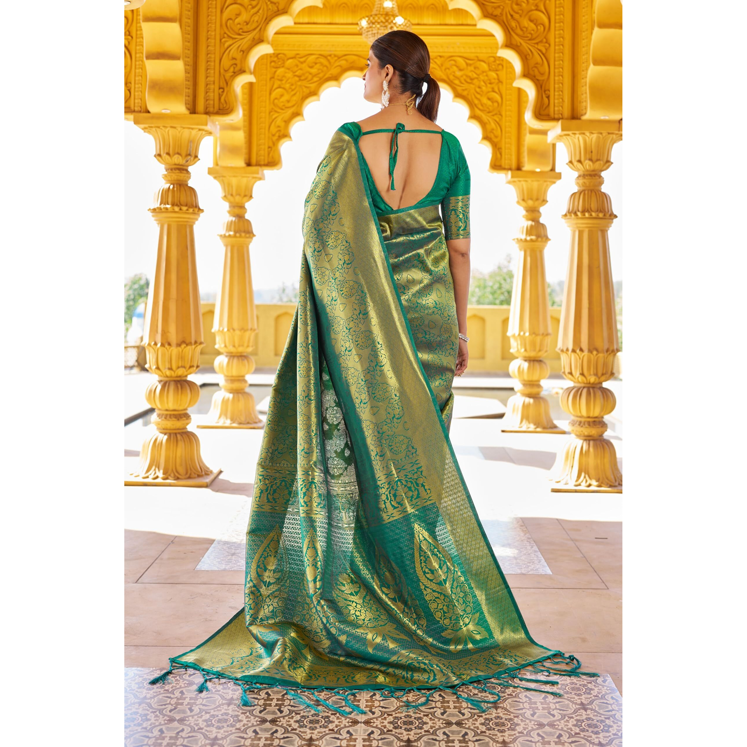 SWORNOF Womens Kanjivaram Soft Silk Saree Patola saree With Blouse Piece (GREEN-2)