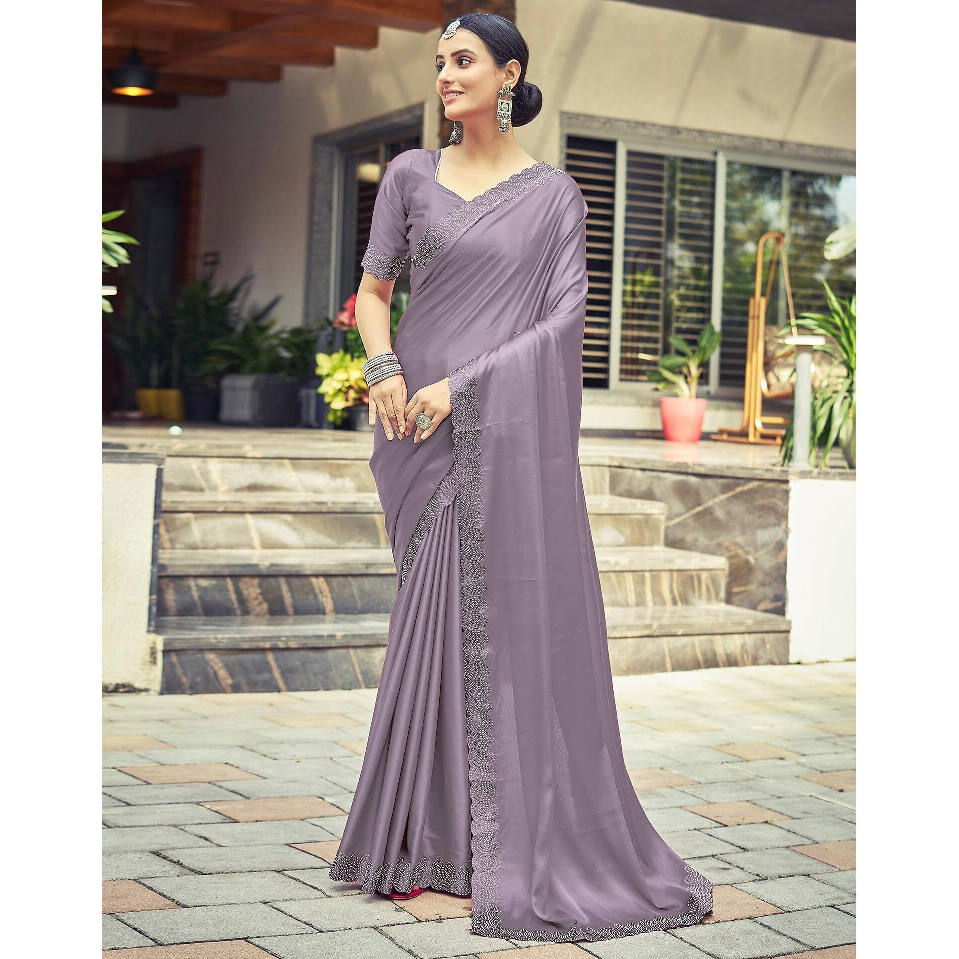 SIRIL Satin Silk Stone Work Saree for Women With Unstitched Blouse Piece (3431S291_Dull Light Purple)