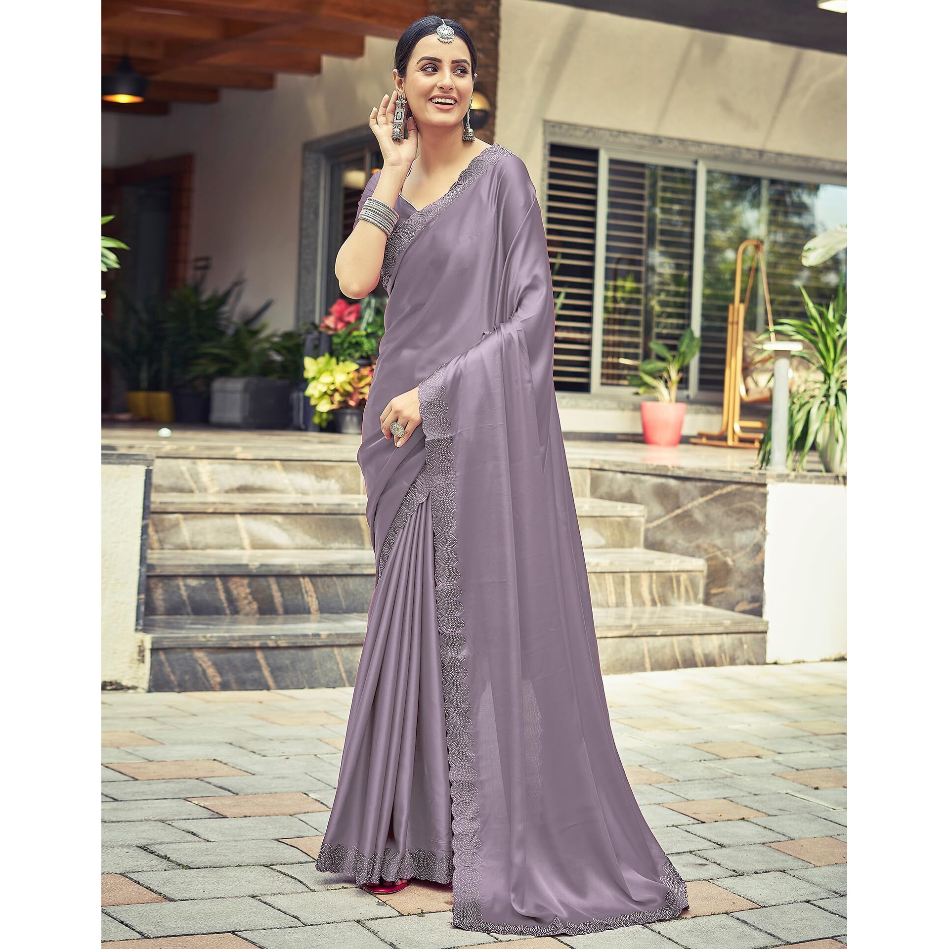 SIRIL Satin Silk Stone Work Saree for Women With Unstitched Blouse Piece (3431S291_Dull Light Purple)