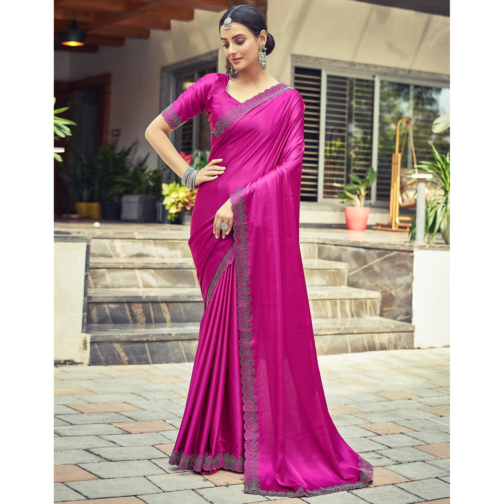 SIRIL Satin Silk Stone Work Saree for Women With Unstitched Blouse Piece (3431S282_Pink)