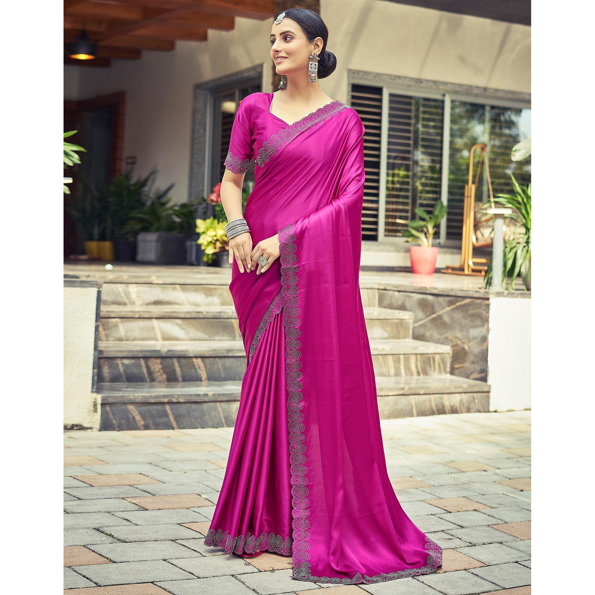 SIRIL Satin Silk Stone Work Saree for Women With Unstitched Blouse Piece (3431S282_Pink)