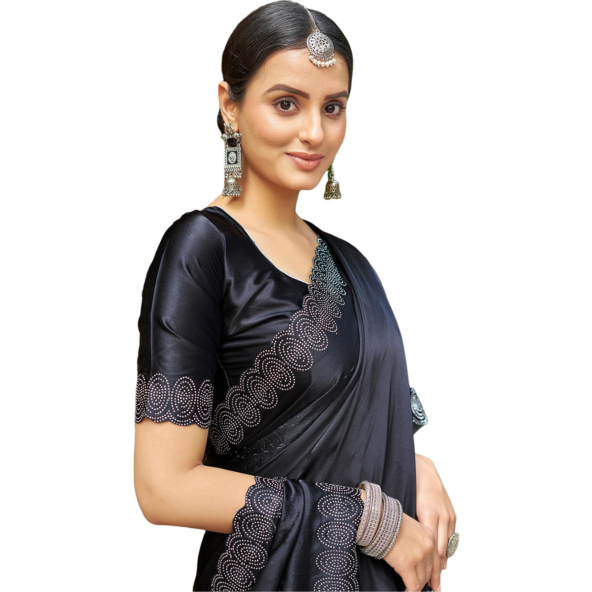 SIRIL Satin Silk Stone Work Saree for Women With Unstitched Blouse Piece (3431S281_Black)