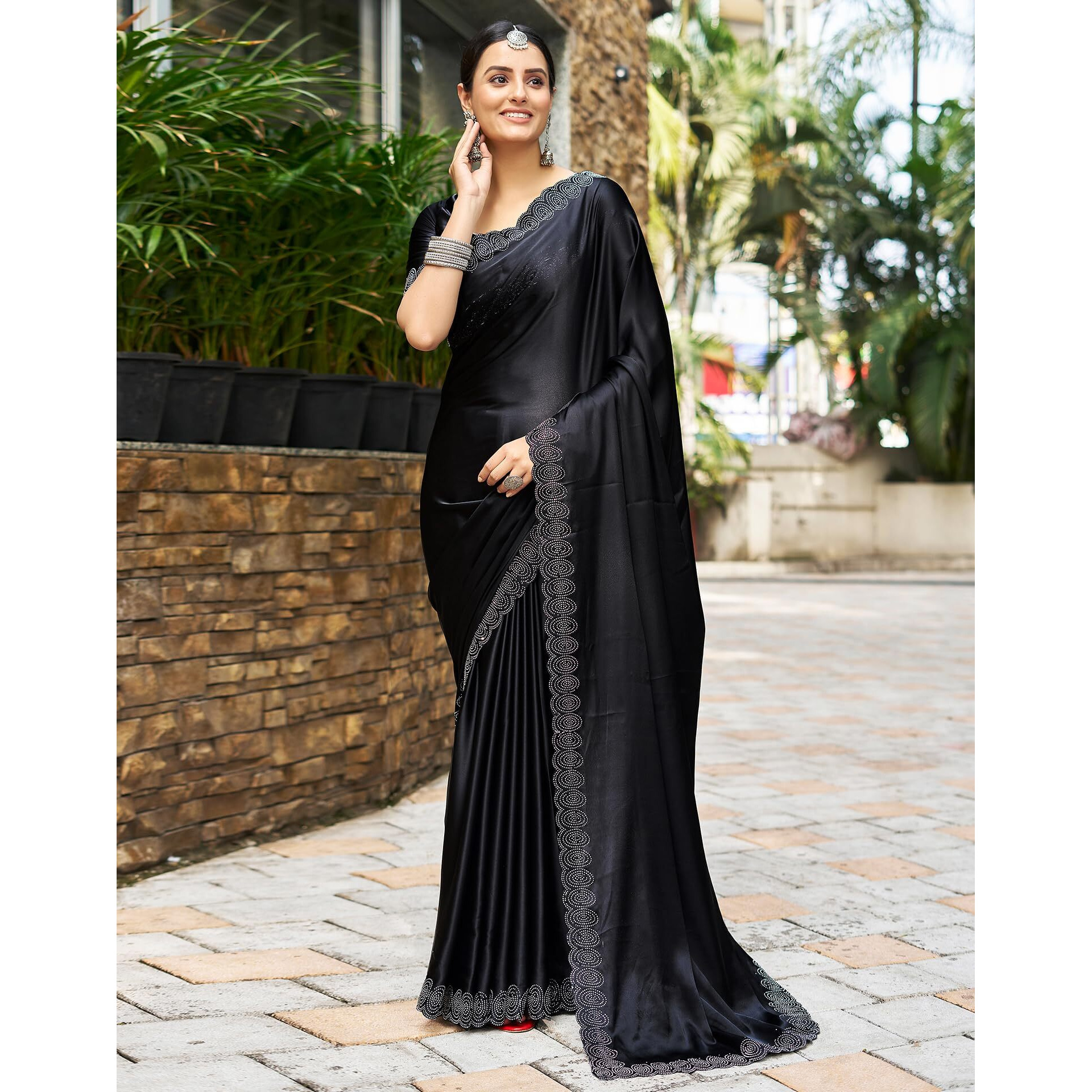 SIRIL Satin Silk Stone Work Saree for Women With Unstitched Blouse Piece (3431S281_Black)