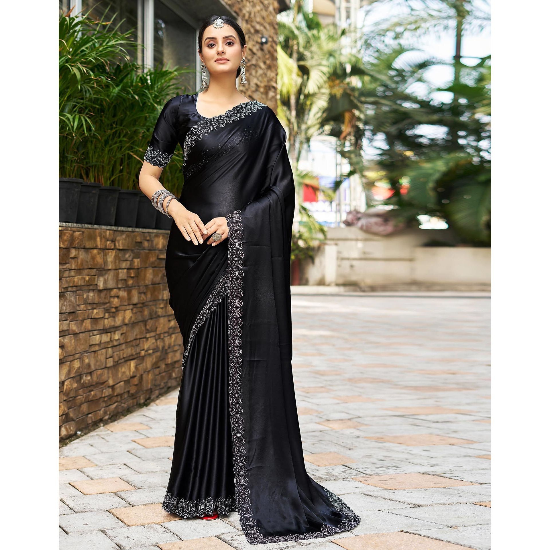 SIRIL Satin Silk Stone Work Saree for Women With Unstitched Blouse Piece (3431S281_Black)