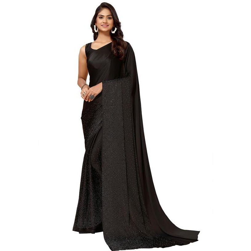 SIRIL Womens Dyed, Hot Fixing Satin Silk Saree with Unstitched Blouse(3111S412_Black)