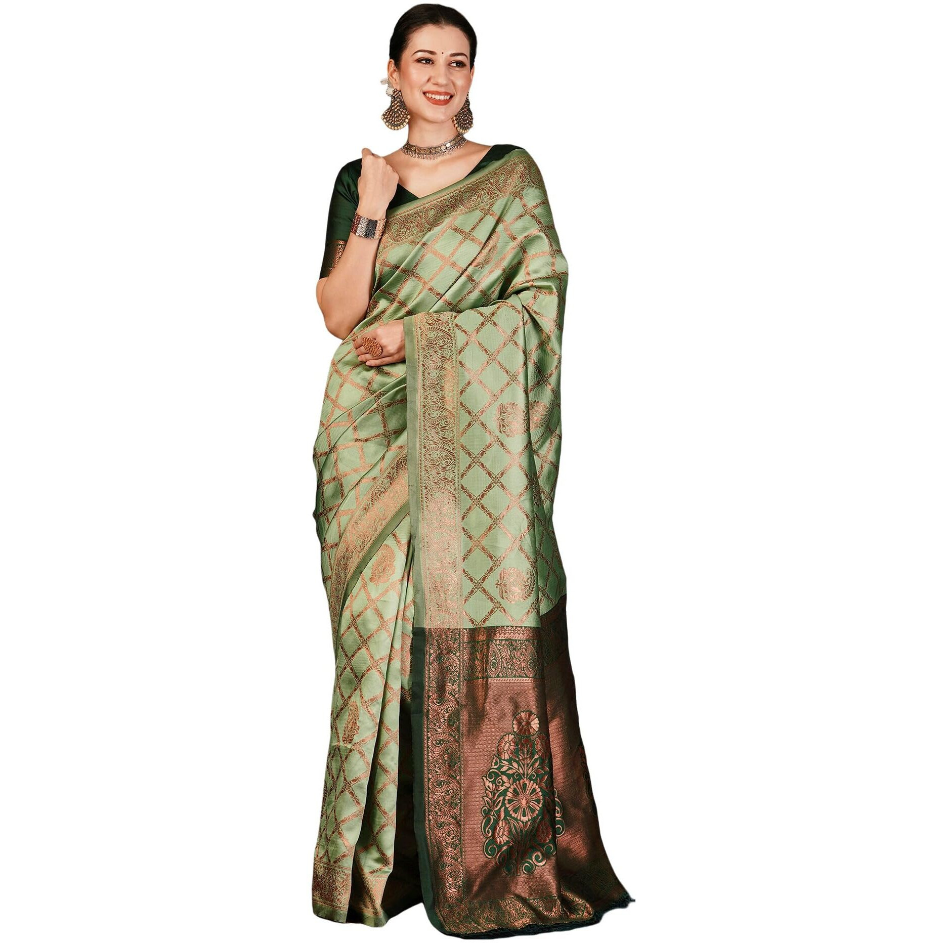 SIRIL Womens Banarasi Jacquard Soft Silk Kanjeevaram Saree With Unstitched Blouse Piece (3759S135A_Pista Green)