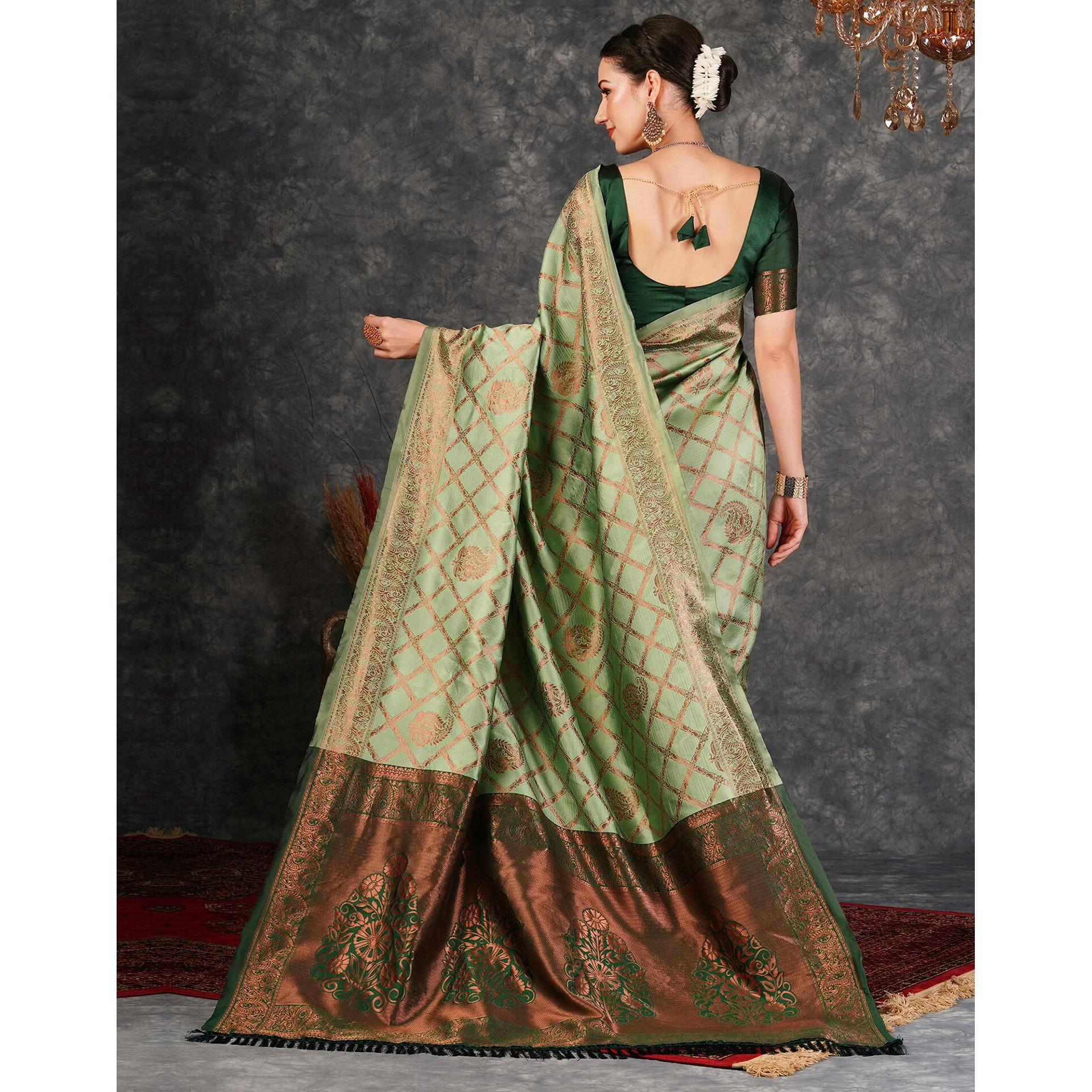 SIRIL Womens Banarasi Jacquard Soft Silk Kanjeevaram Saree With Unstitched Blouse Piece (3759S135A_Pista Green)