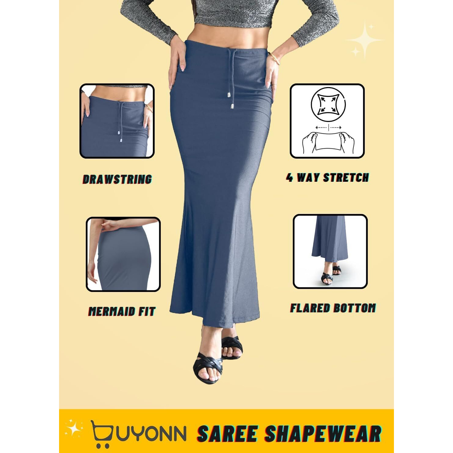 BUYONN Saree Shapewear for Women Saree Petticoat Shapewear for Saree, inskirt for Saree Shapewear, Peticote innerwear for Women Lycra Saree Shaper for saree Grey