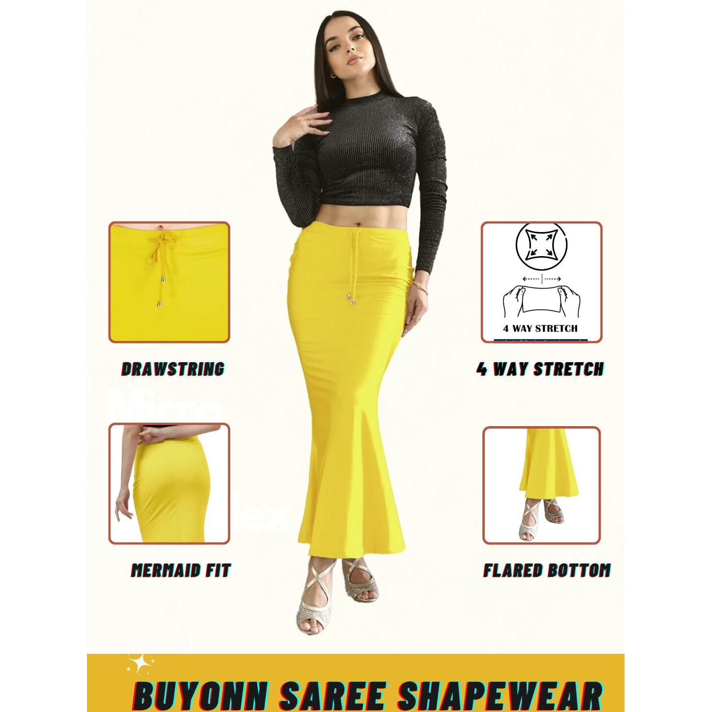 BUYONN Saree Shapewear for Women Saree Petticoat Shapewear for Saree, inskirt for Saree Shapewear, Peticote innerwear for Women Lycra Saree Shaper for saree (Large Yellow-Fish cut)