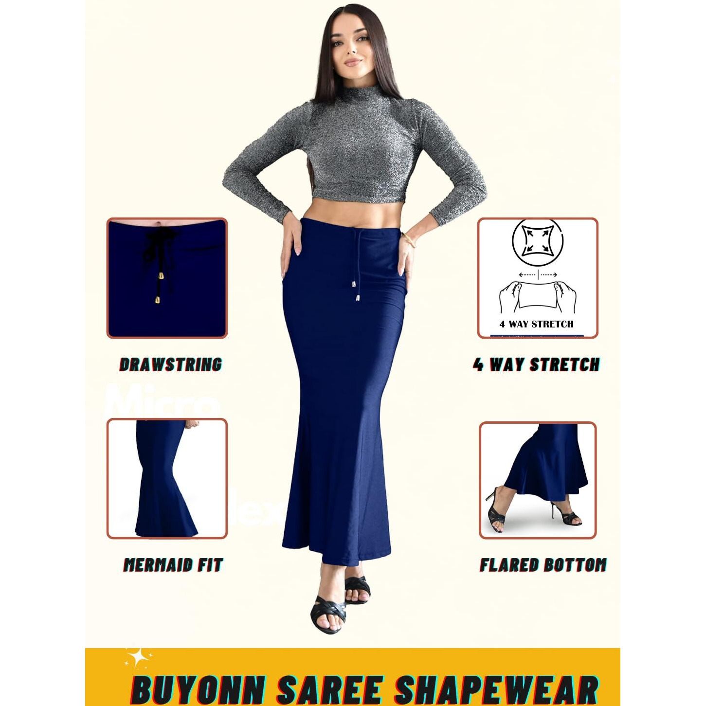 BUYONN Saree Shapewear for Women Saree Petticoat Shapewear for Saree, inskirt for Saree Shapewear, Peticote innerwear for Women Lycra Saree Shaper for saree (Medium Blue-Fish cut)