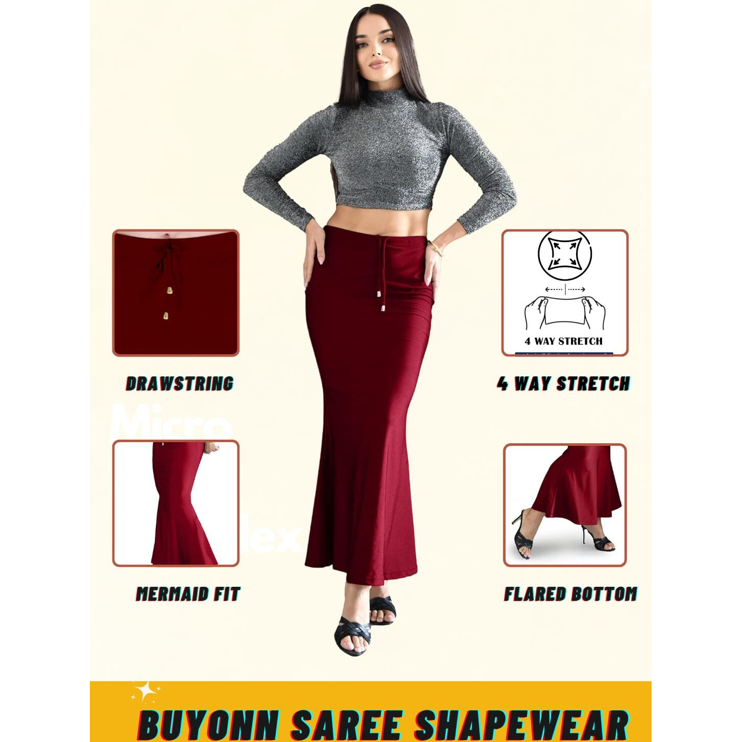 BUYONN Saree Shapewear for Women Saree Petticoat Shapewear for Saree, inskirt for Saree Shapewear, Peticote innerwear for Women Lycra Saree Shaper for saree (Medium Maroon-Fish cut)