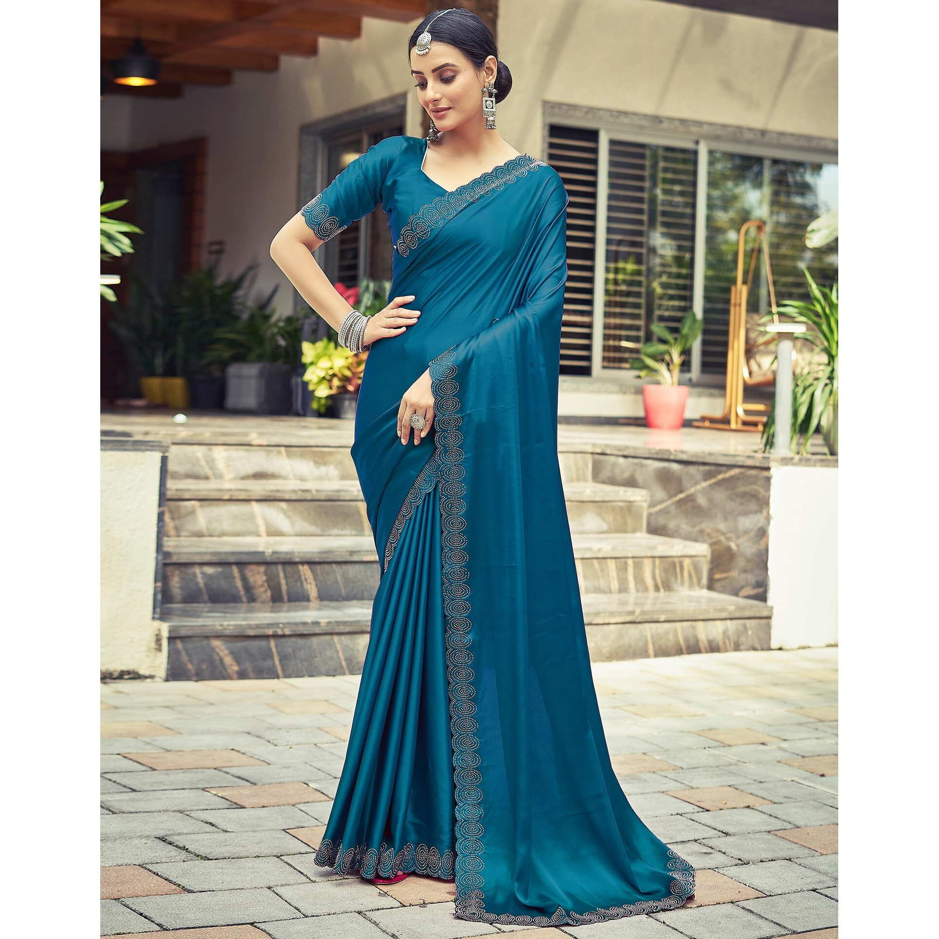 SIRIL Satin Silk Stone Work Saree for Women With Unstitched Blouse Piece (3431S290_Teal Blue)