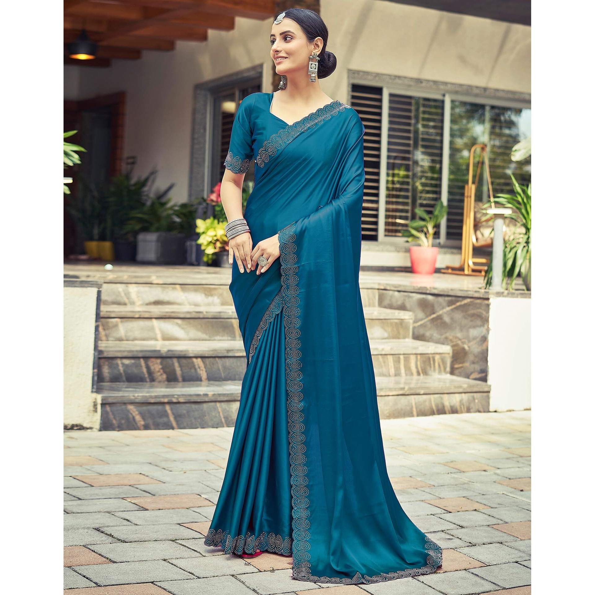 SIRIL Satin Silk Stone Work Saree for Women With Unstitched Blouse Piece (3431S290_Teal Blue)