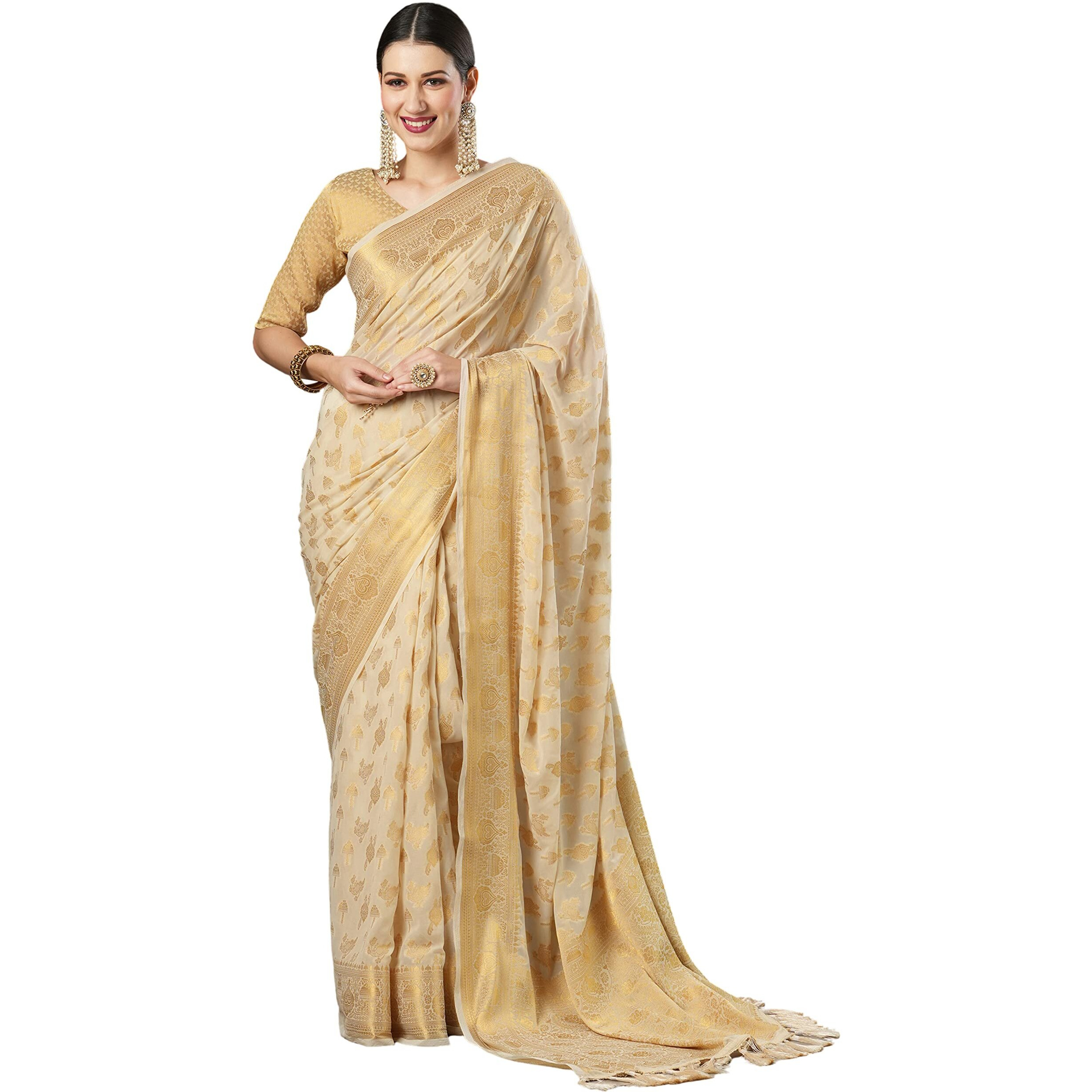 AKHILAM Womens Kanjeevaram Georgette Ethnic Motif Zari Saree With Unstitched Blouse Piece (Cream_ALEKHA1001)