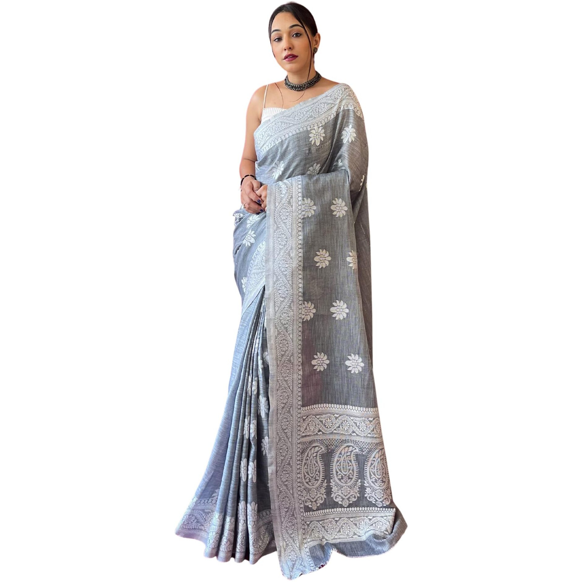 SGF11 Womens Kanjivaram Soft Cotton Linen Silk Saree With Blouse Piece (Gray)