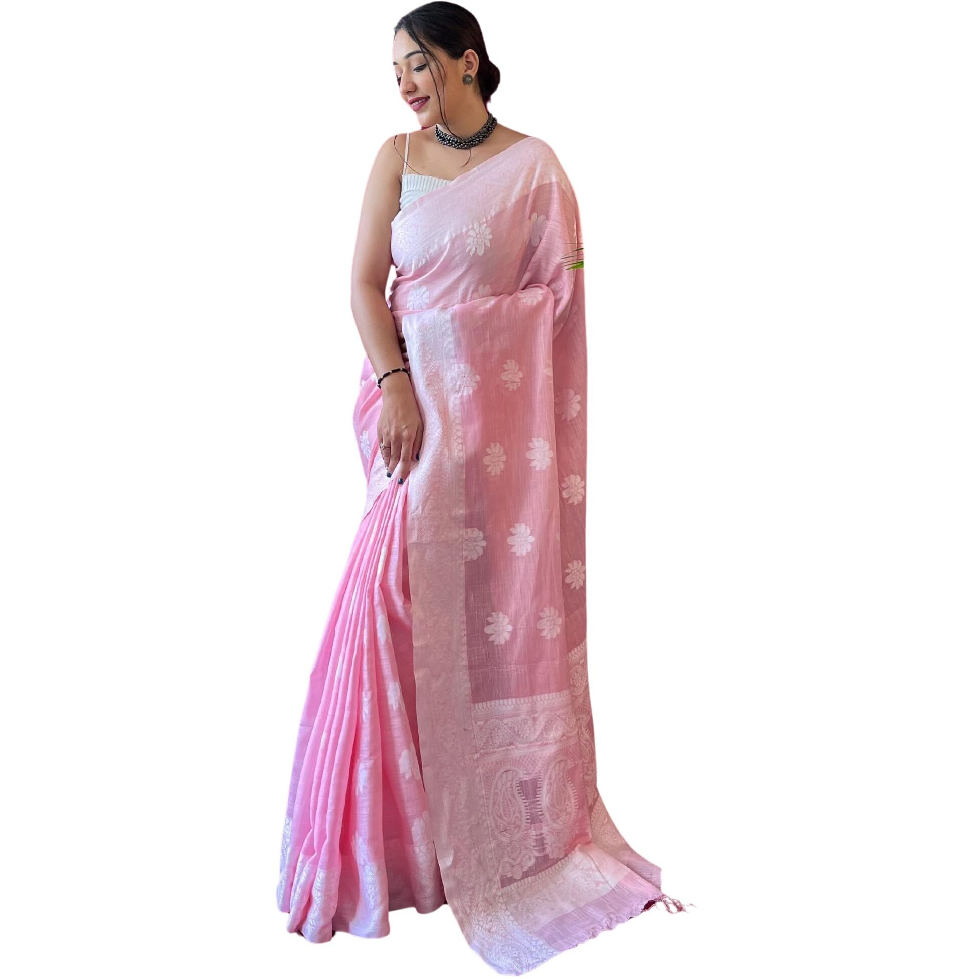 SGF11 Womens Kanjivaram Soft Cotton Linen Silk Saree With Blouse Piece (Pink)