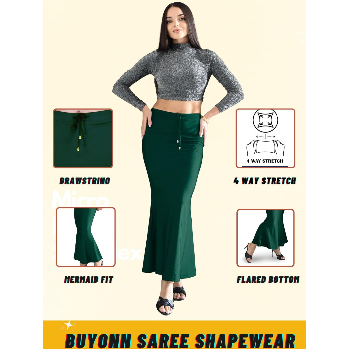 BUYONN Saree Shapewear for Women Saree Petticoat Shapewear for Saree, inskirt for Saree Shapewear, Peticote innerwear for Women Lycra Saree Shaper for saree (Medium Green-Fish cut)