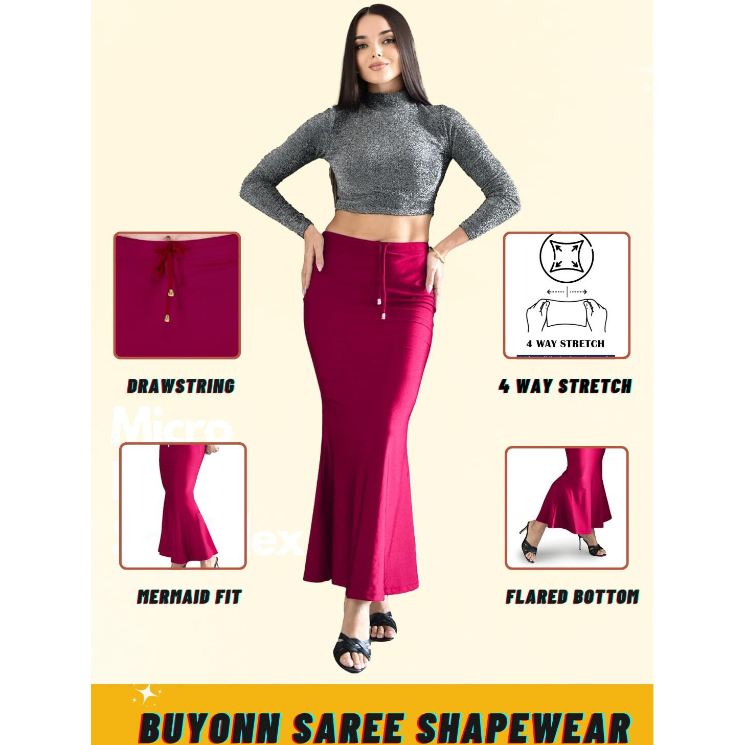 BUYONN Saree Shapewear for Women Saree Petticoat Shapewear for Saree, inskirt for Saree Shapewear, Peticote innerwear for Women Lycra Saree Shaper for saree (Small Pink-Fish cut)