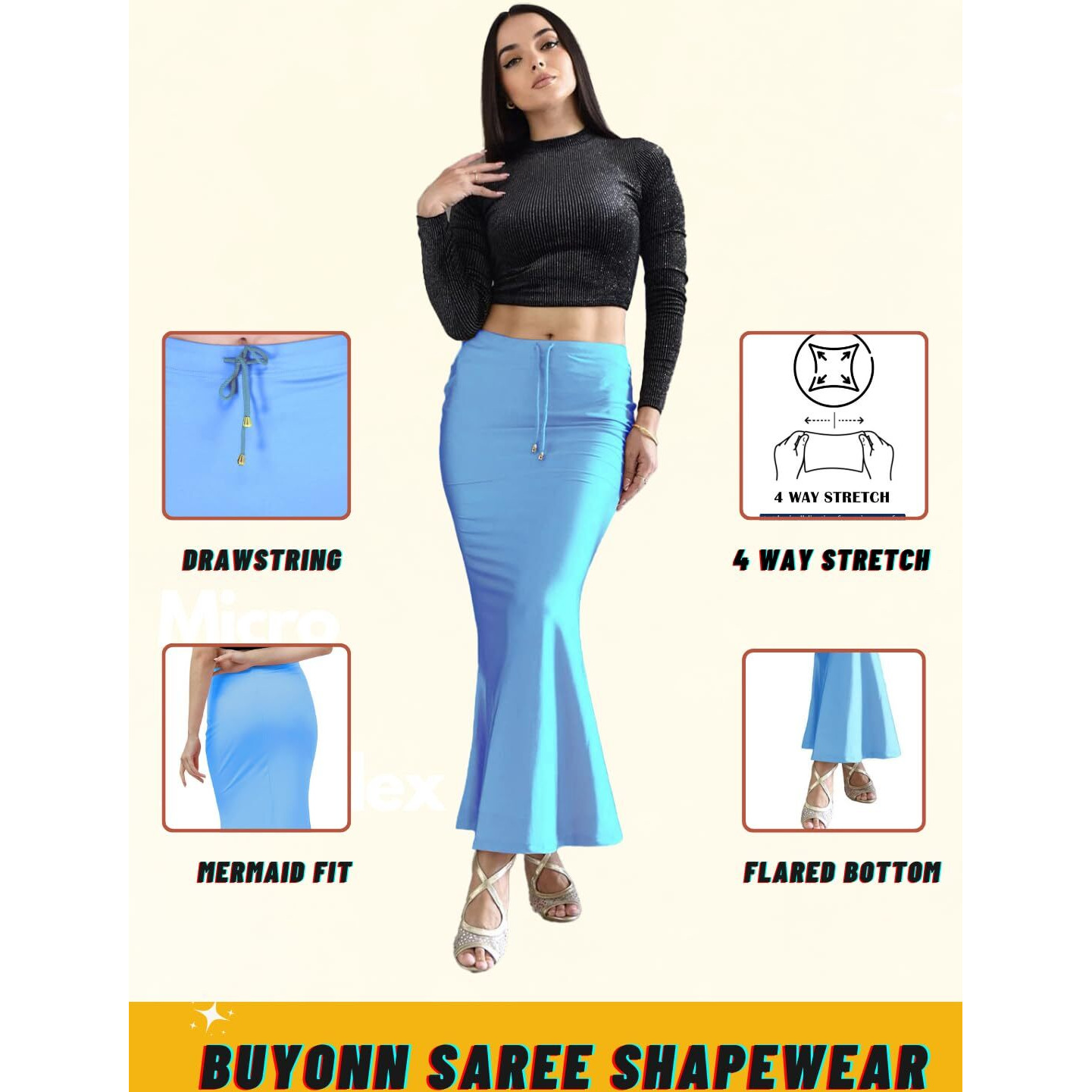 BUYONN Saree Shapewear for Women Saree Petticoat Shapewear for Saree, inskirt for Saree Shapewear, Peticote innerwear for Women Lycra Saree Shaper for saree (Large Light Blue-Fish cut)