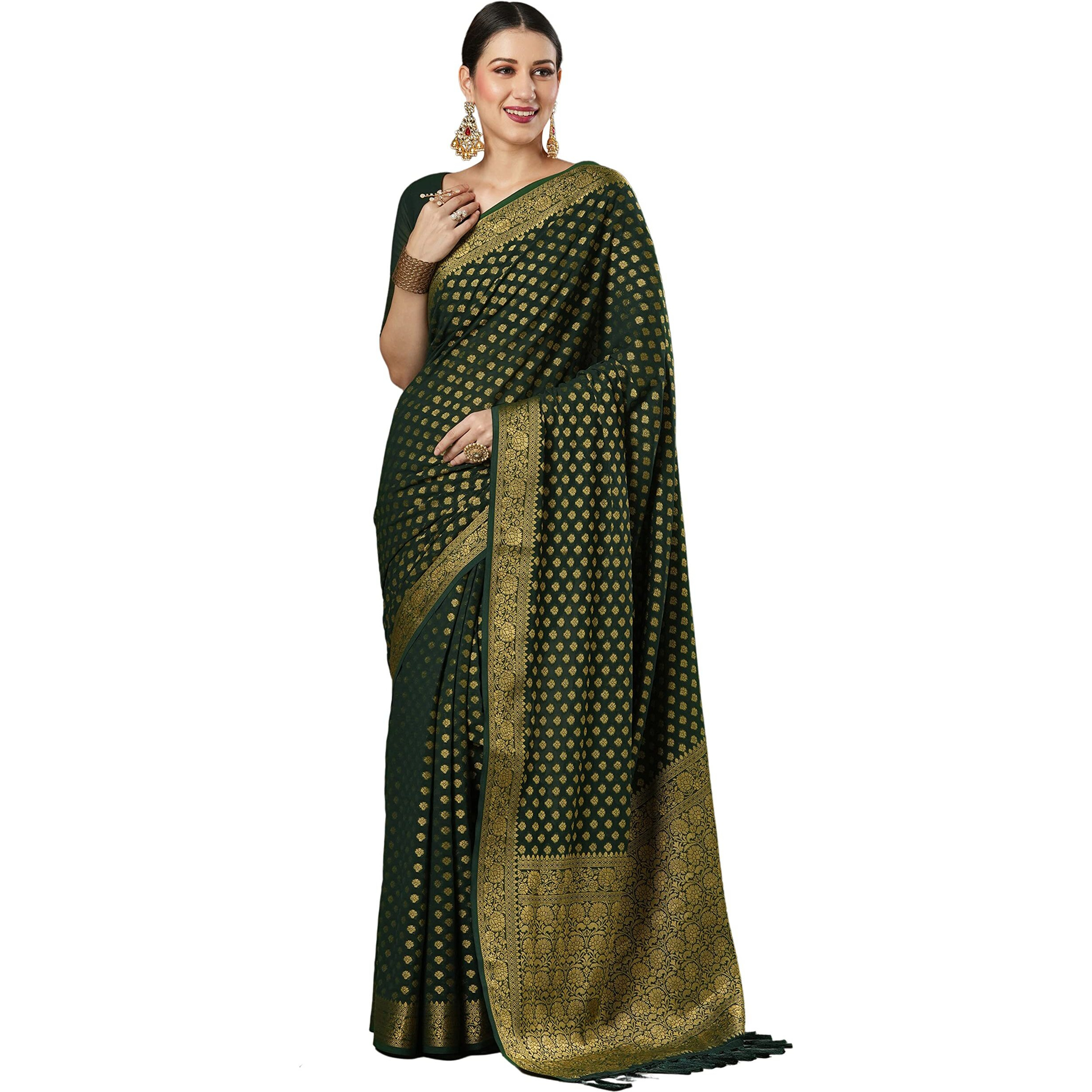 AKHILAM Womens Woven Design Georgette Kanjeevaram Saree With Unstitched Blouse Piece (Green_2ALEKHA2002)