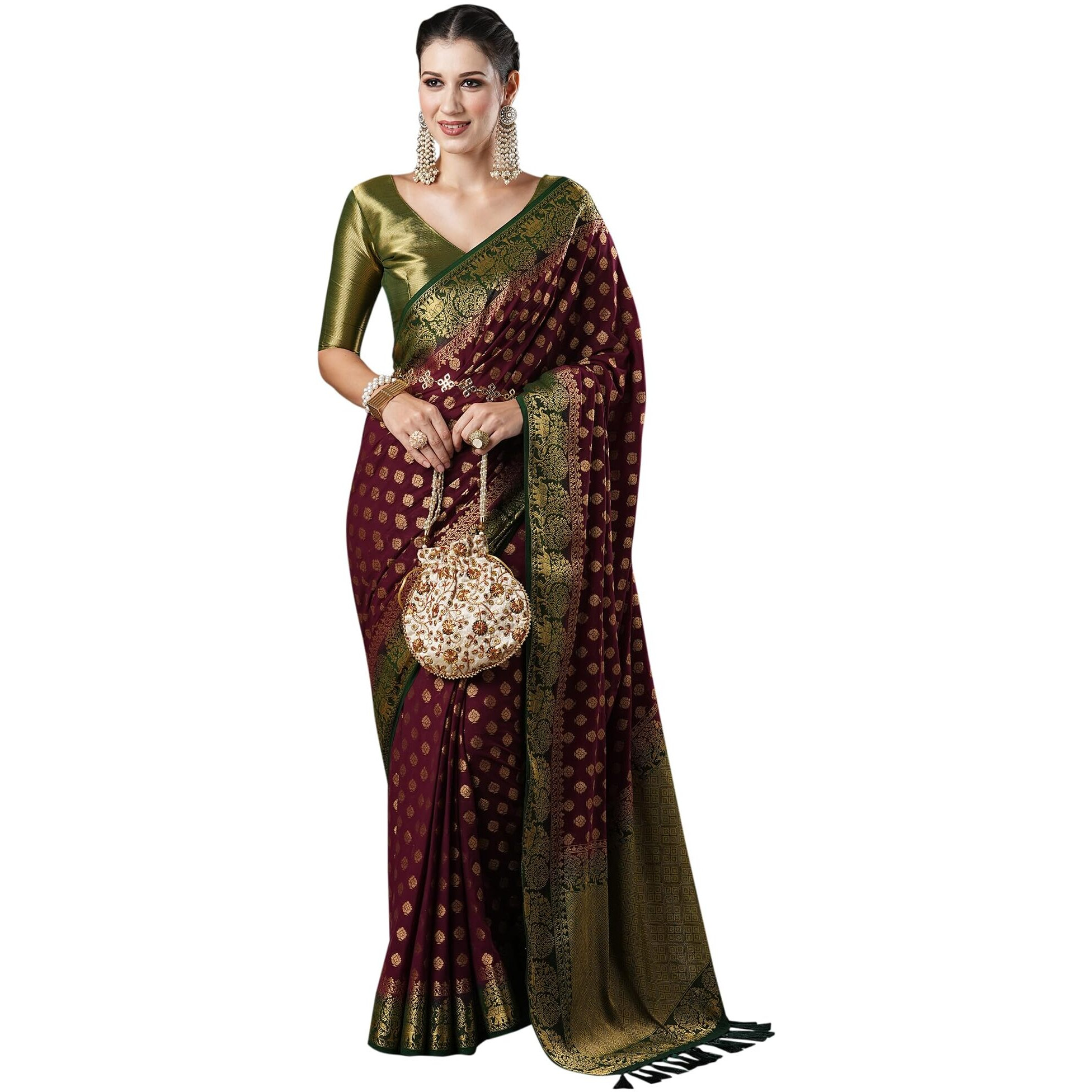 AKHILAM Womens Burgundy Woven Design Georgette Saree With Unstitched Blouse Piece (19ALEKHA1902)