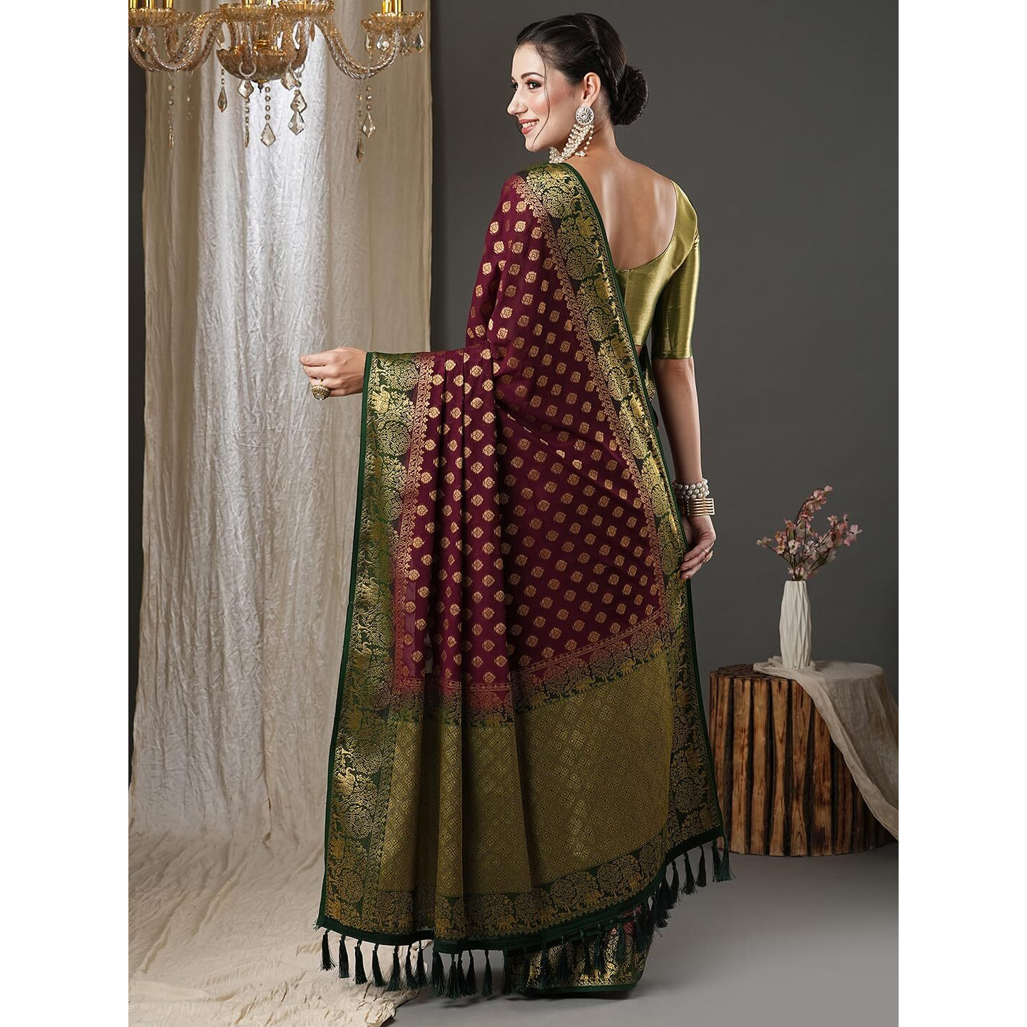 AKHILAM Womens Burgundy Woven Design Georgette Saree With Unstitched Blouse Piece (19ALEKHA1902)