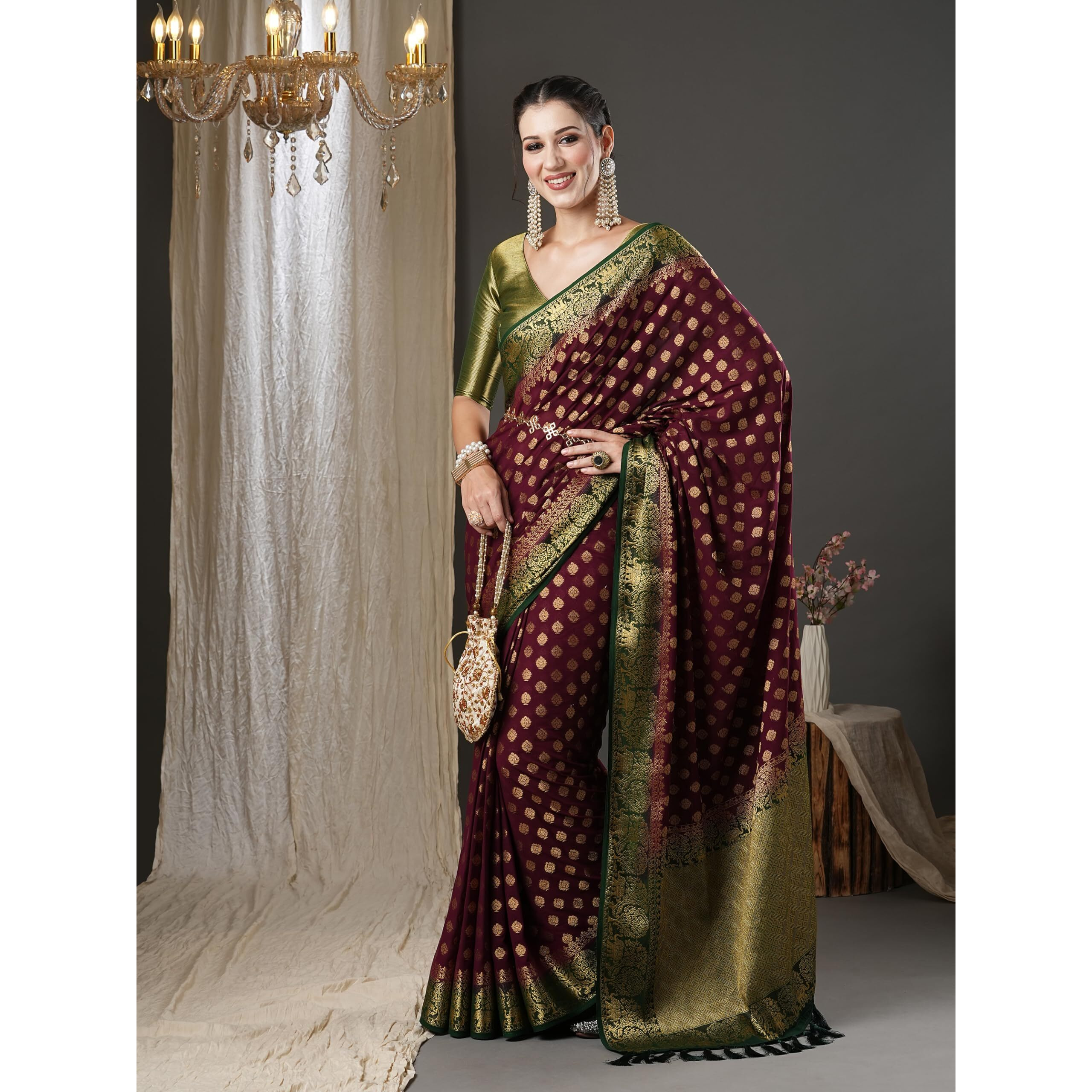 AKHILAM Womens Burgundy Woven Design Georgette Saree With Unstitched Blouse Piece (19ALEKHA1902)