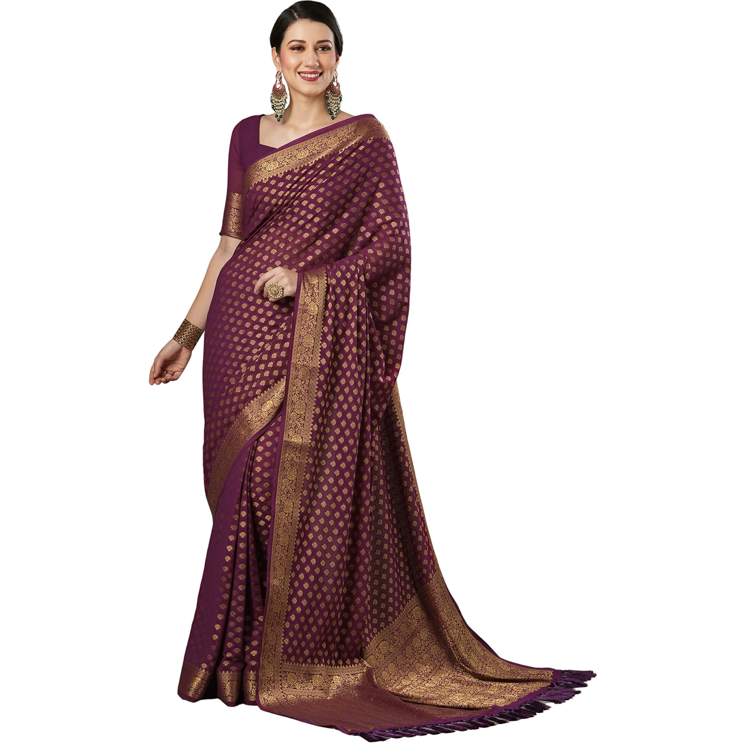 AKHILAM Womens Woven Design Georgette Kanjeevaram Saree With Unstitched Blouse Piece (Burgundy_2ALEKHA2003)