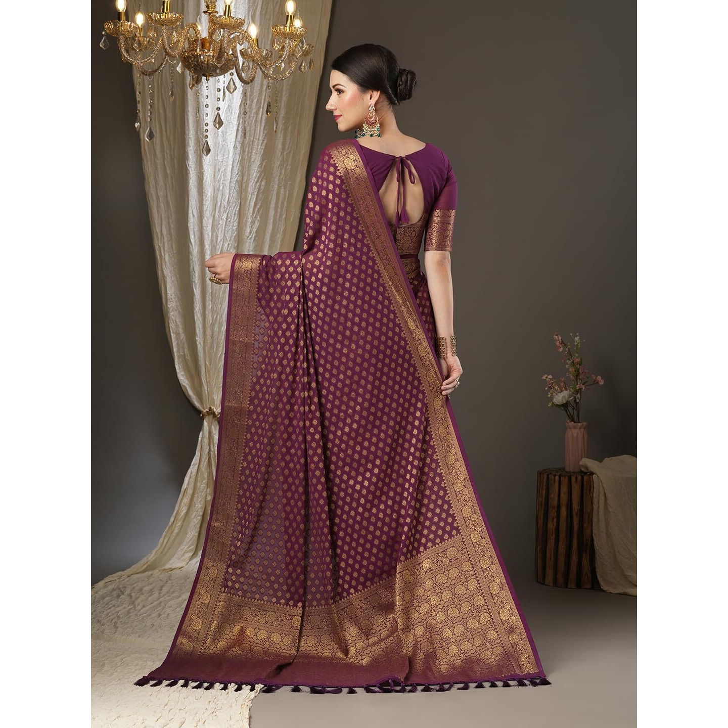 AKHILAM Womens Woven Design Georgette Kanjeevaram Saree With Unstitched Blouse Piece (Burgundy_2ALEKHA2003)