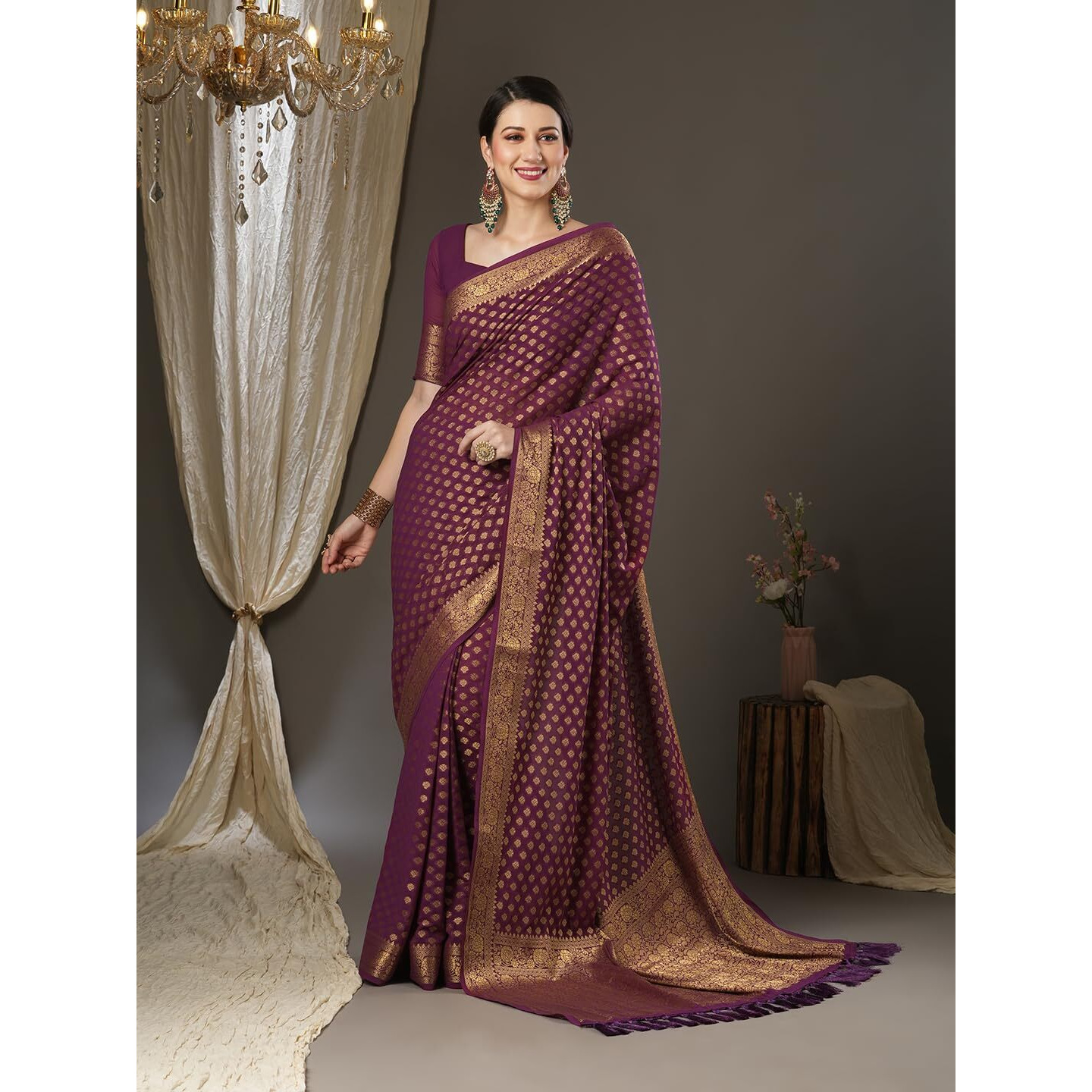 AKHILAM Womens Woven Design Georgette Kanjeevaram Saree With Unstitched Blouse Piece (Burgundy_2ALEKHA2003)