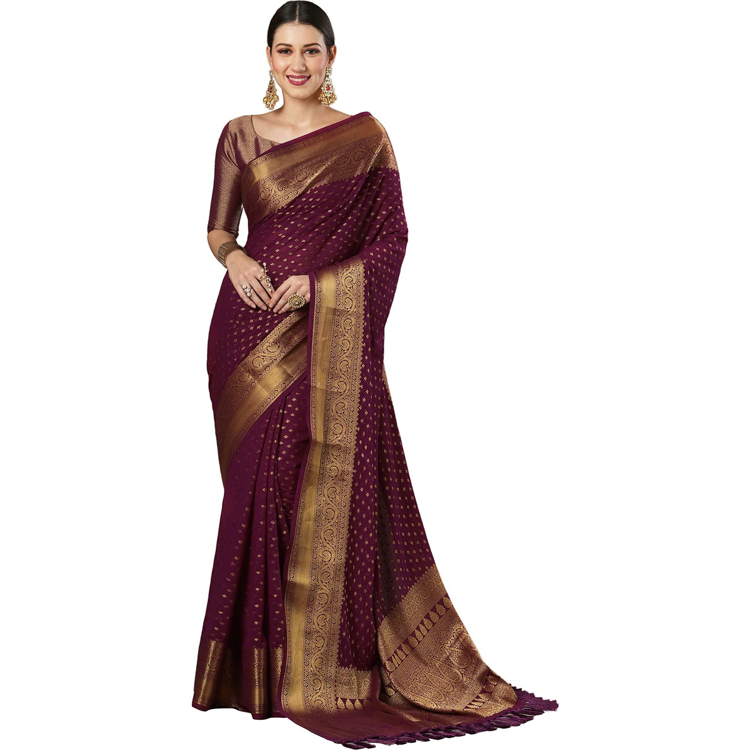 AKHILAM Womens Woven Design Georgette Kanjeevaram Saree With Unstitched Blouse Piece (Burgundy_4ALEKHA4002)