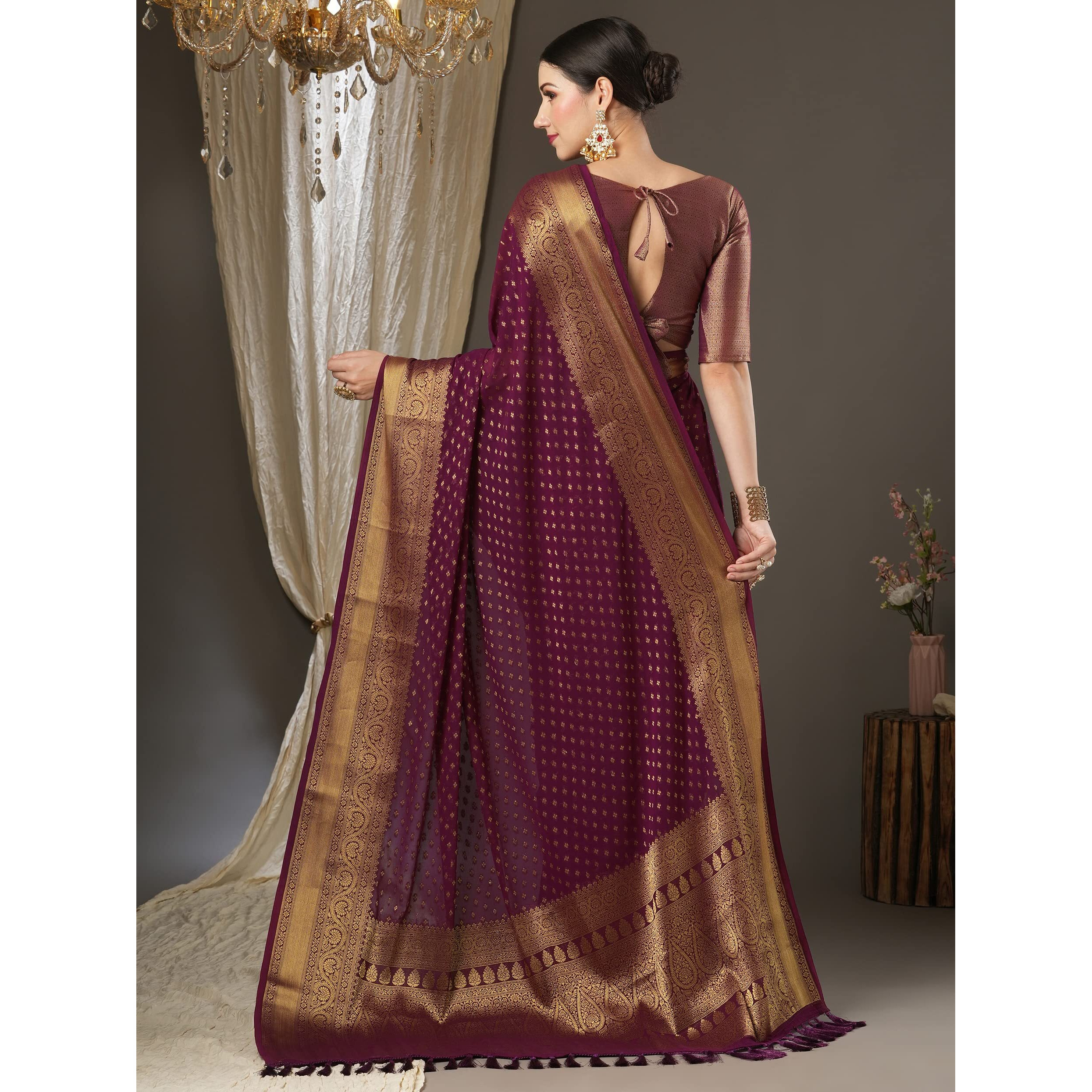 AKHILAM Womens Woven Design Georgette Kanjeevaram Saree With Unstitched Blouse Piece (Burgundy_4ALEKHA4002)