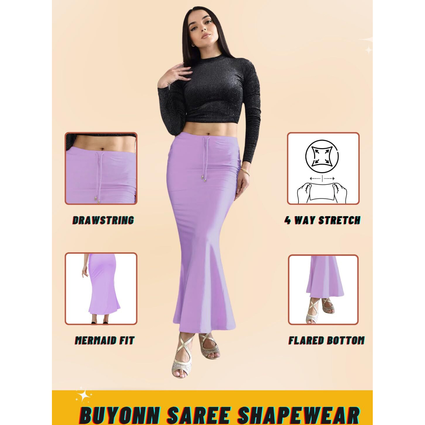 BUYONN Saree Shapewear for Women Saree Petticoat Shapewear for Saree, inskirt for Saree Shapewear, Peticote innerwear for Women Lycra Saree Shaper for saree (Lavender, Medium)