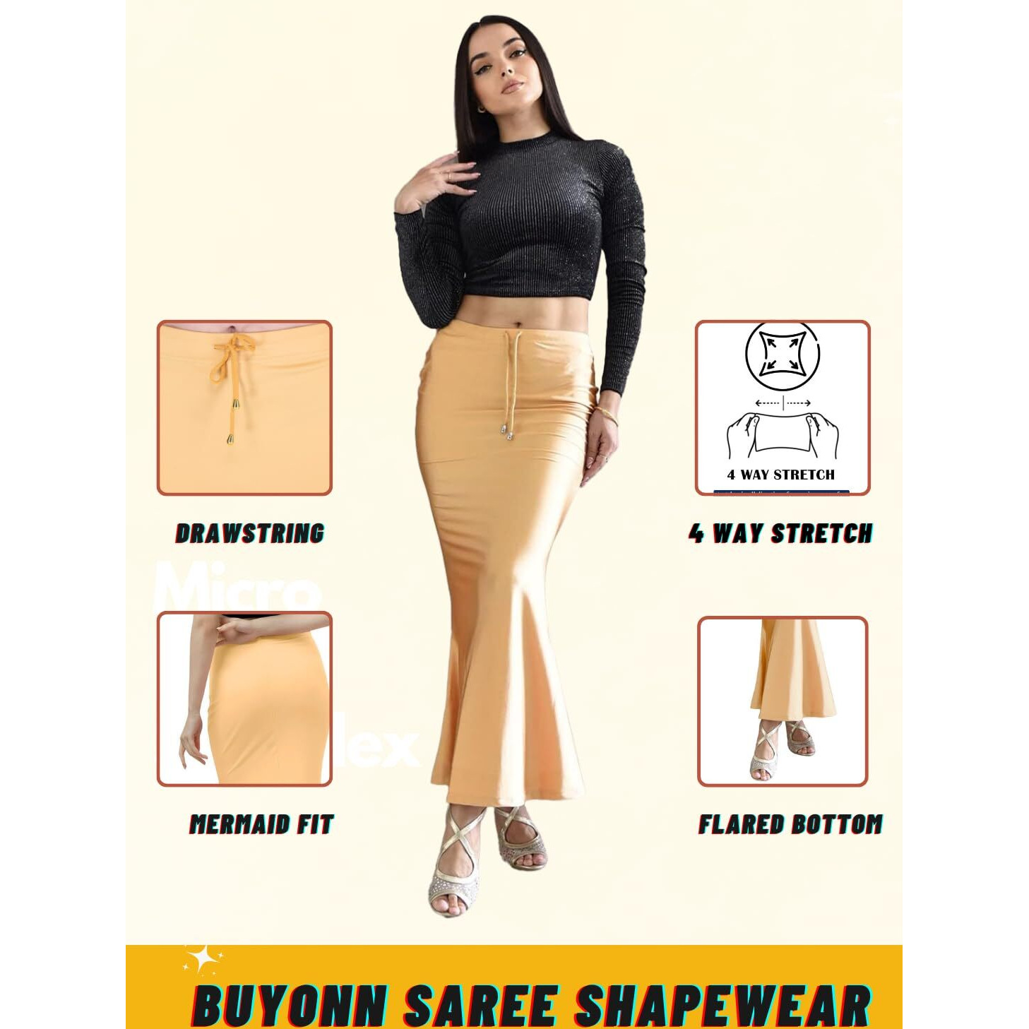 BUYONN Saree Shapewear for Women Saree Petticoat Shapewear for Saree, inskirt for Saree Shapewear, Peticote innerwear for Women Lycra Saree Shaper for saree (Medium Beige-Fish cut)