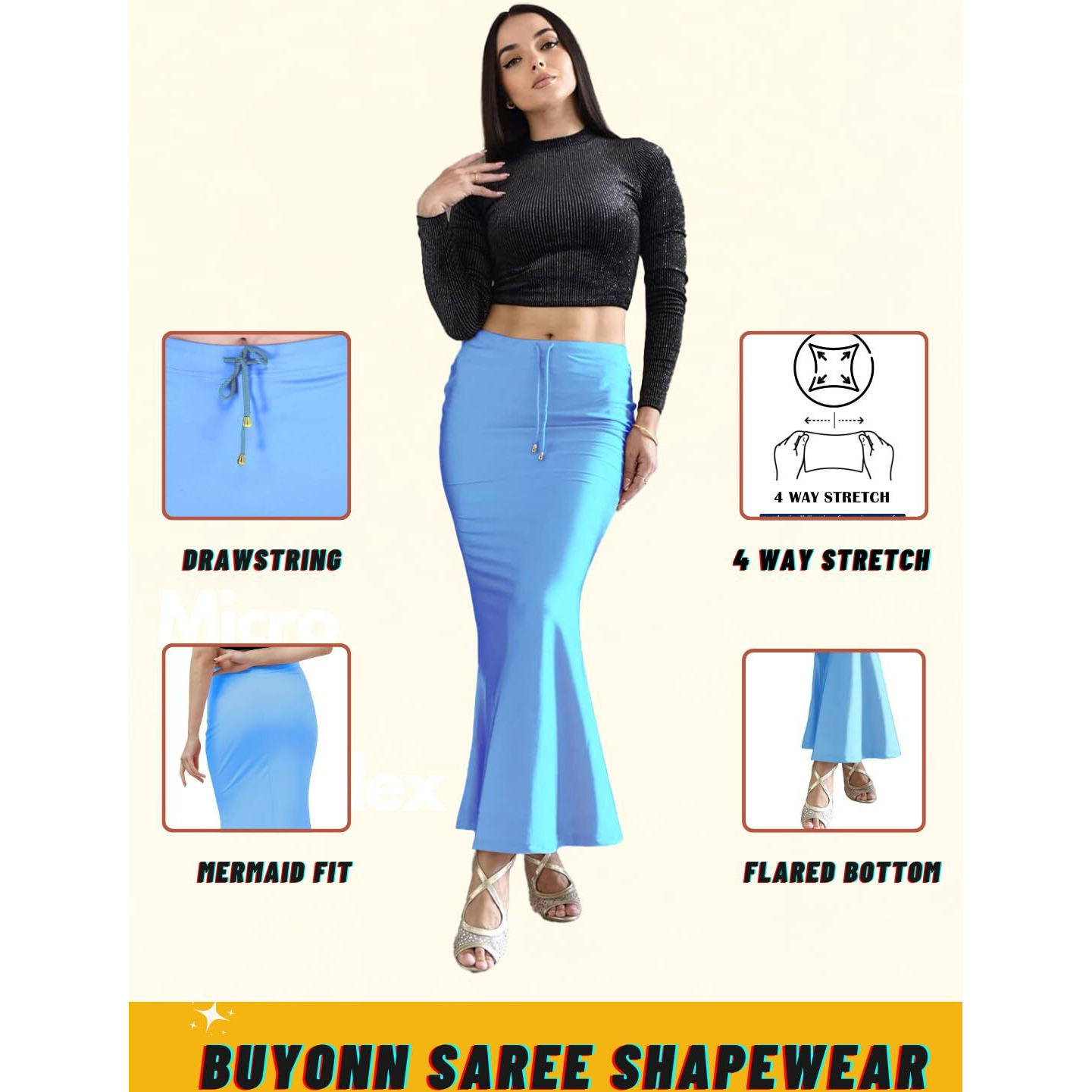 BUYONN Saree Shapewear for Women Saree Petticoat Shapewear for Saree, inskirt for Saree Shapewear, Peticote innerwear for Women Lycra Saree Shaper for saree (Small Light Blue-Fish cut)