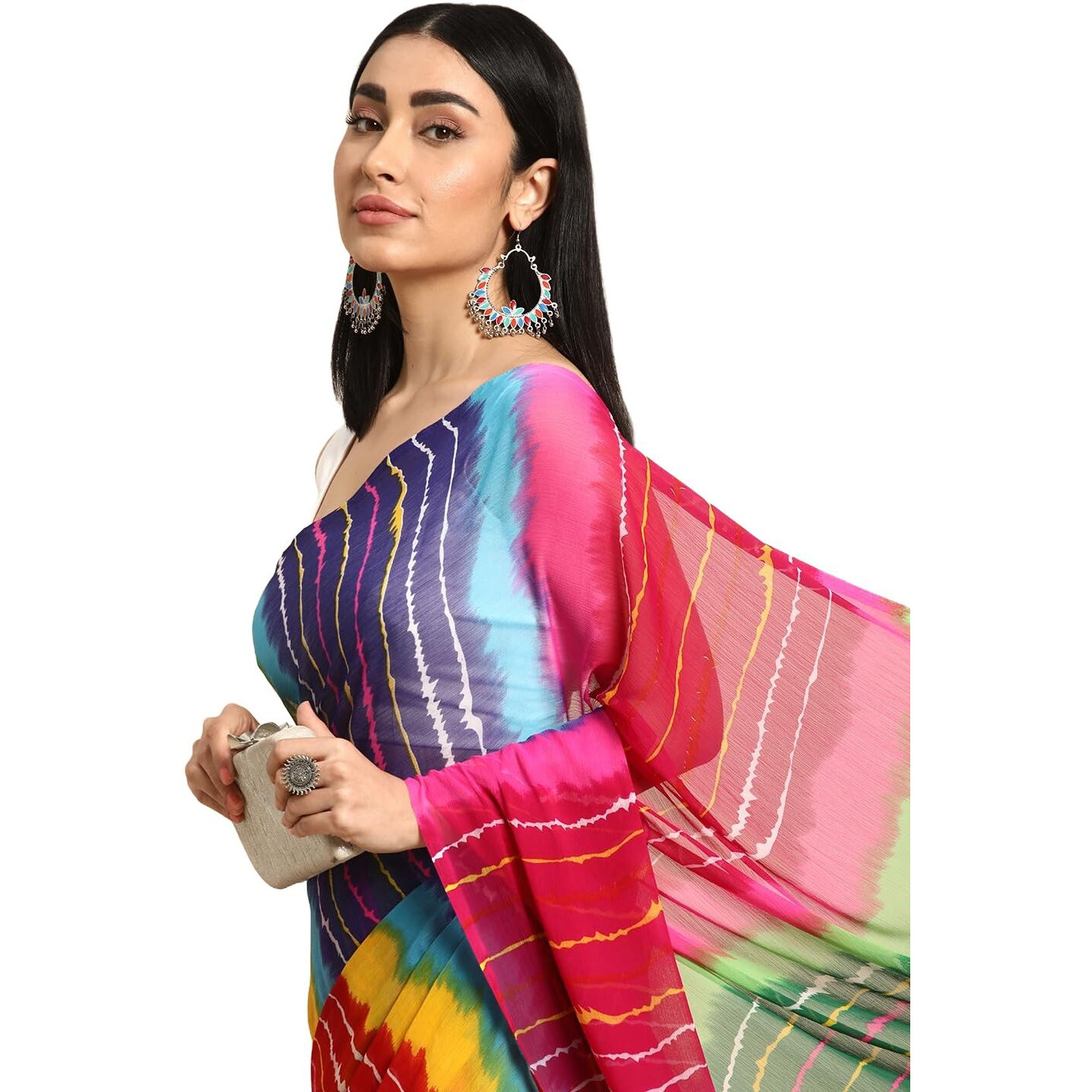 RANI SAAHIBA Womens Chiffon Lehriya Printed Saree Without Blouse (SKR11126_Multi)