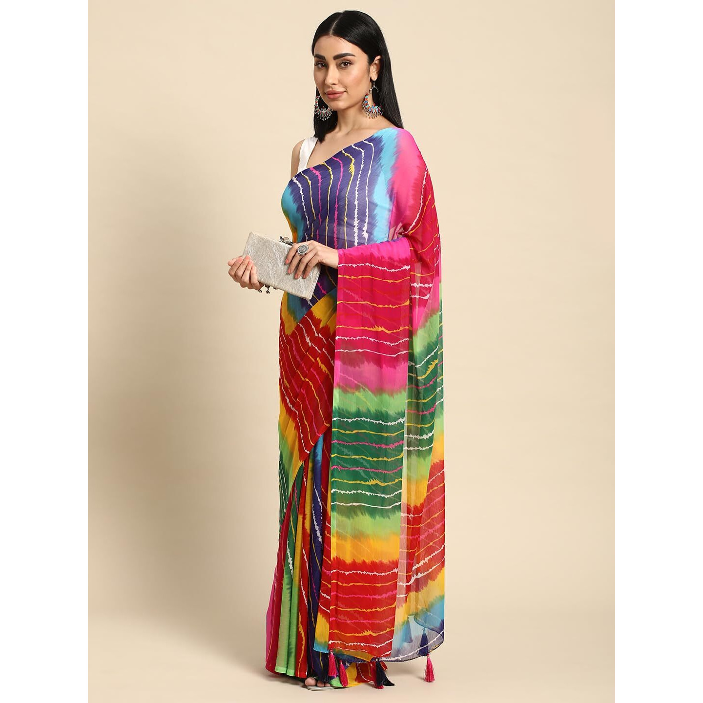 RANI SAAHIBA Womens Chiffon Lehriya Printed Saree Without Blouse (SKR11126_Multi)