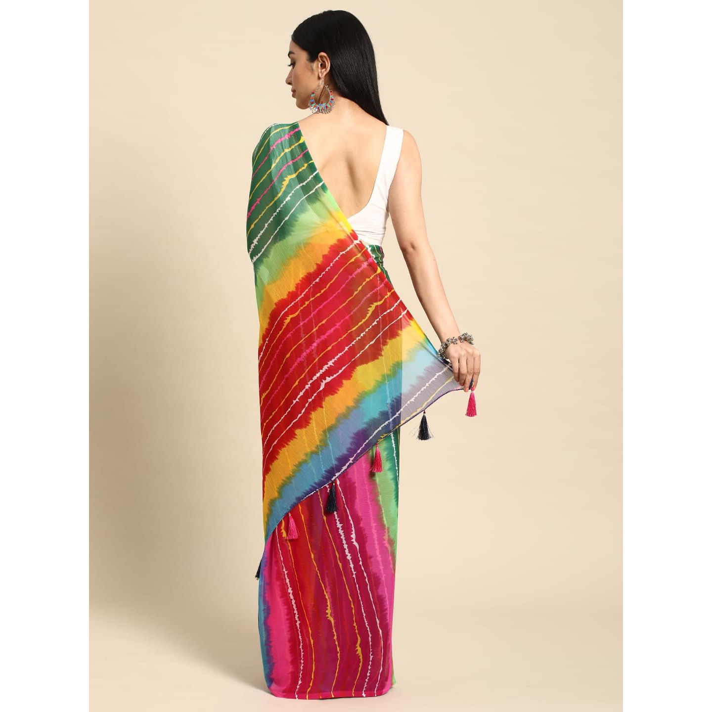 RANI SAAHIBA Womens Chiffon Lehriya Printed Saree Without Blouse (SKR11126_Multi)