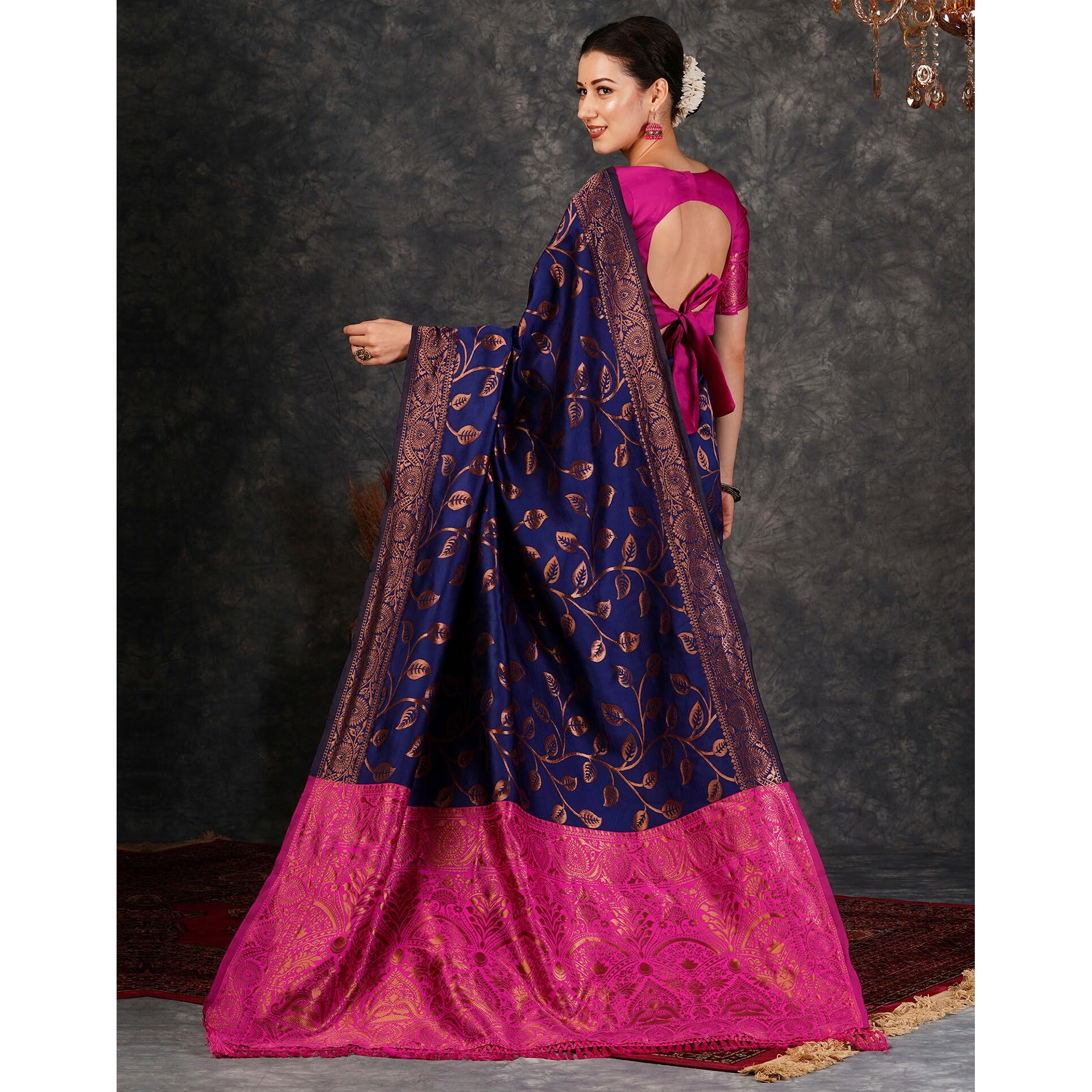 SIRIL Womens Banarasi Jacquard Soft Silk Kanjeevaram Saree With Unstitched Blouse Piece (3759S138A_Navy Blue)