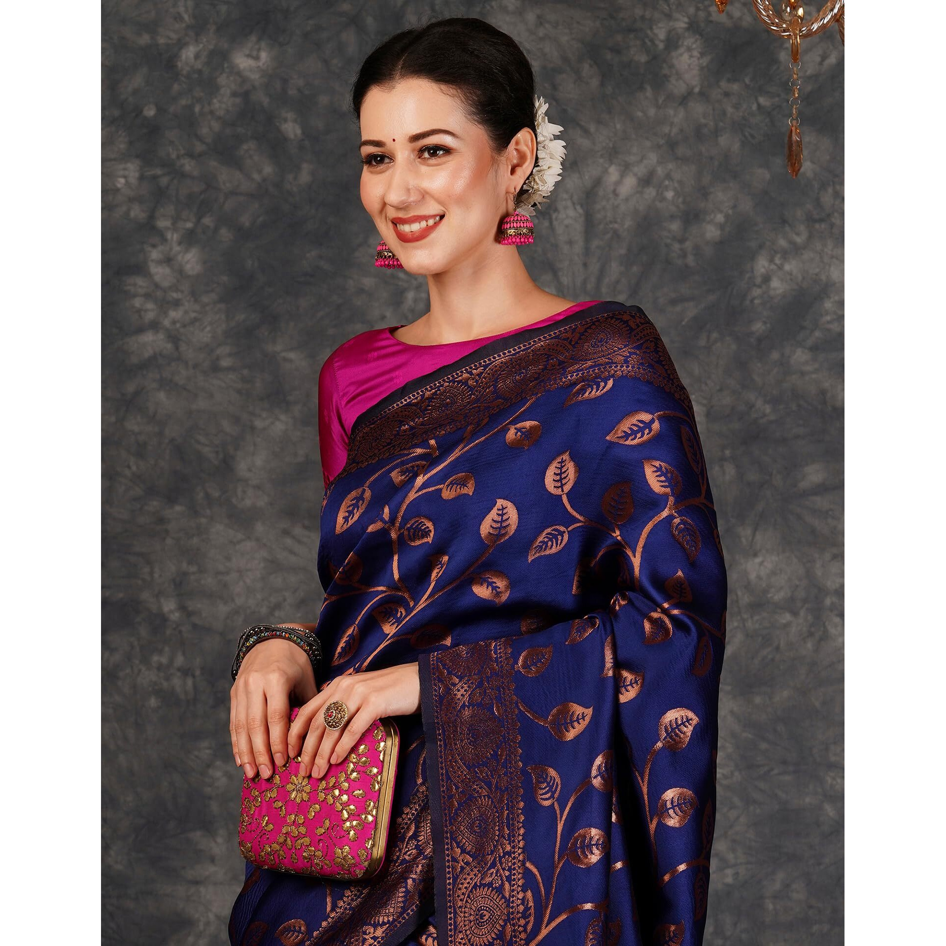 SIRIL Womens Banarasi Jacquard Soft Silk Kanjeevaram Saree With Unstitched Blouse Piece (3759S138A_Navy Blue)