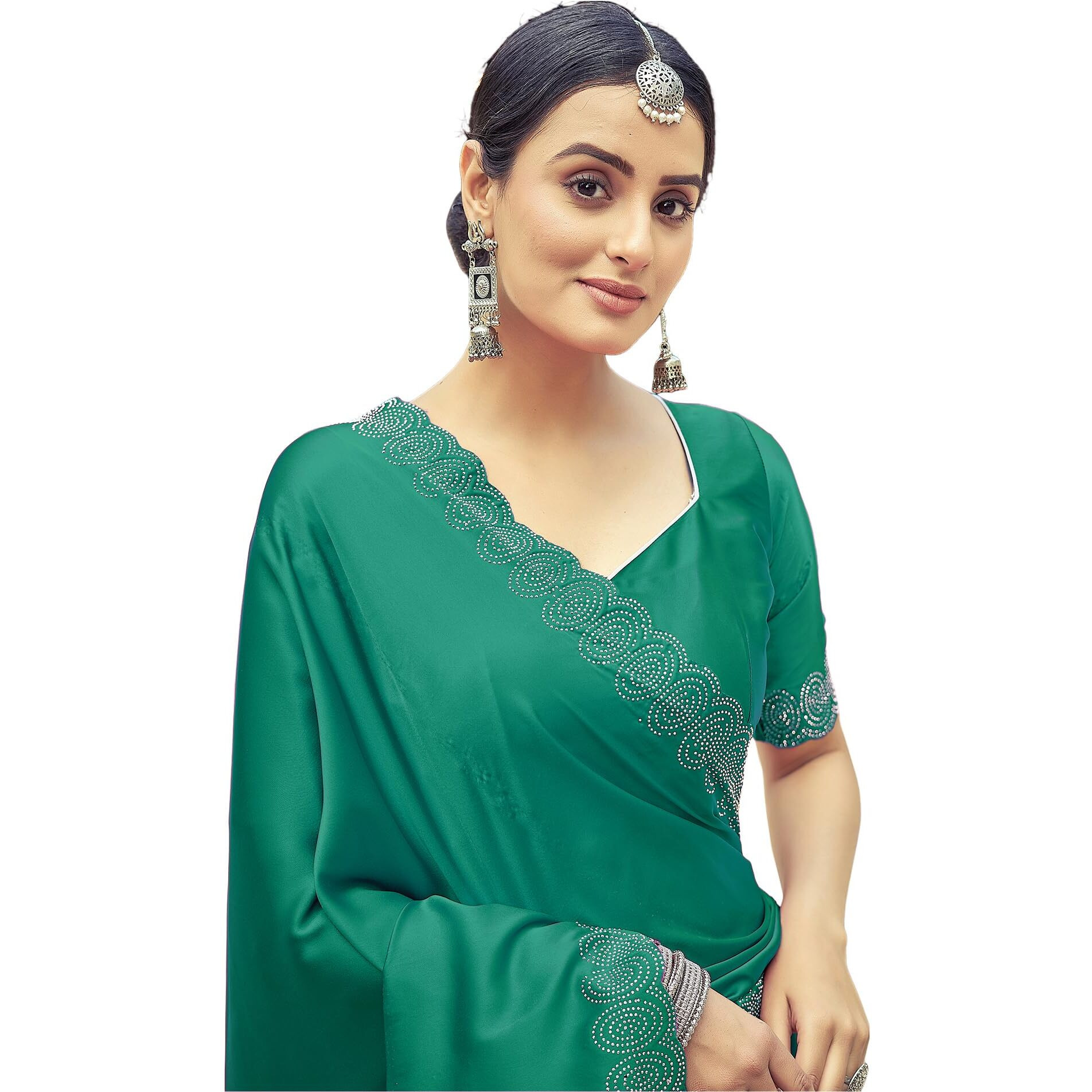 SIRIL Satin Silk Stone Work Saree for Women With Unstitched Blouse Piece (3431S286_Rama Green)