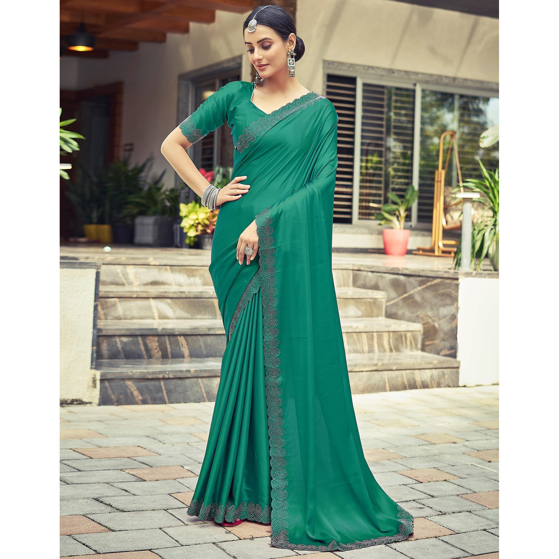 SIRIL Satin Silk Stone Work Saree for Women With Unstitched Blouse Piece (3431S286_Rama Green)