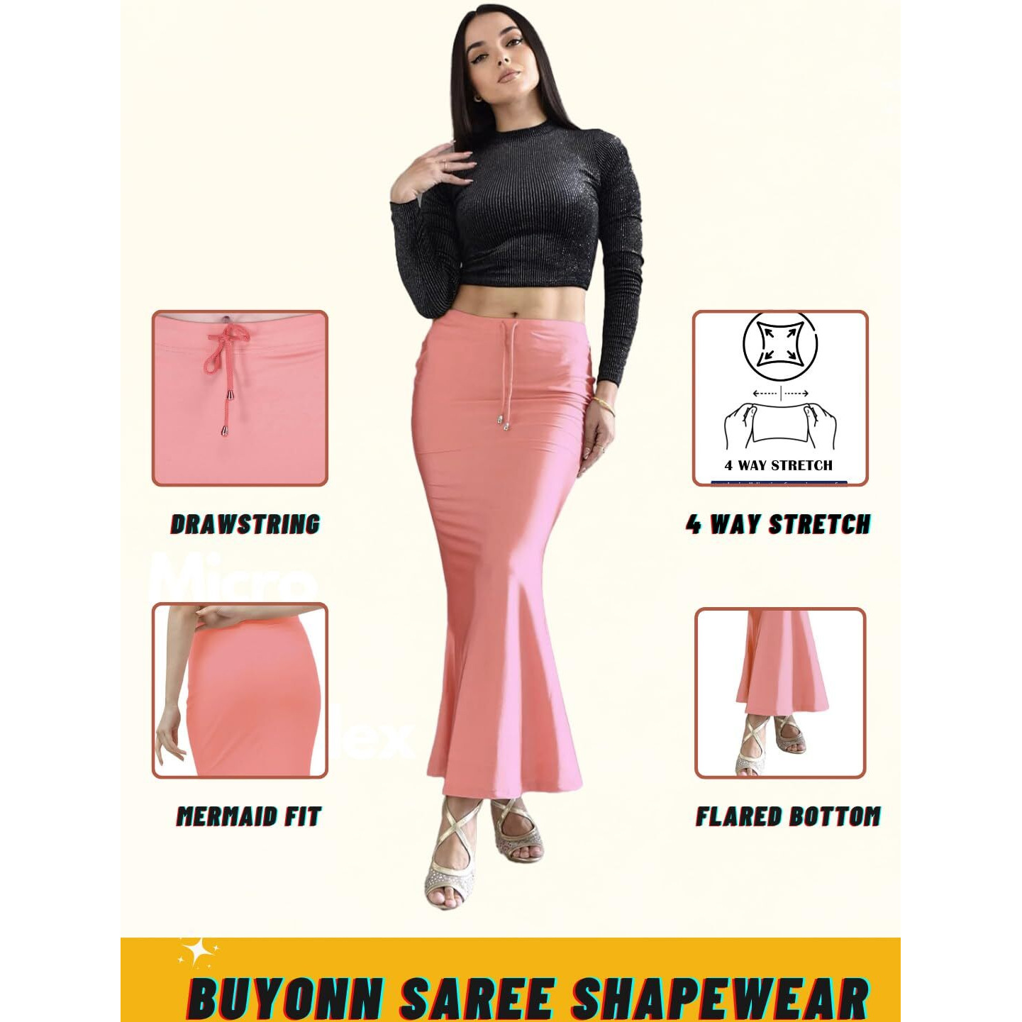 BUYONN Saree Shapewear for Women Saree Petticoat Shapewear for Saree, inskirt for Saree Shapewear, Peticote innerwear for Women Lycra Saree Shaper for saree (Peach, X-Large-Fish cut)