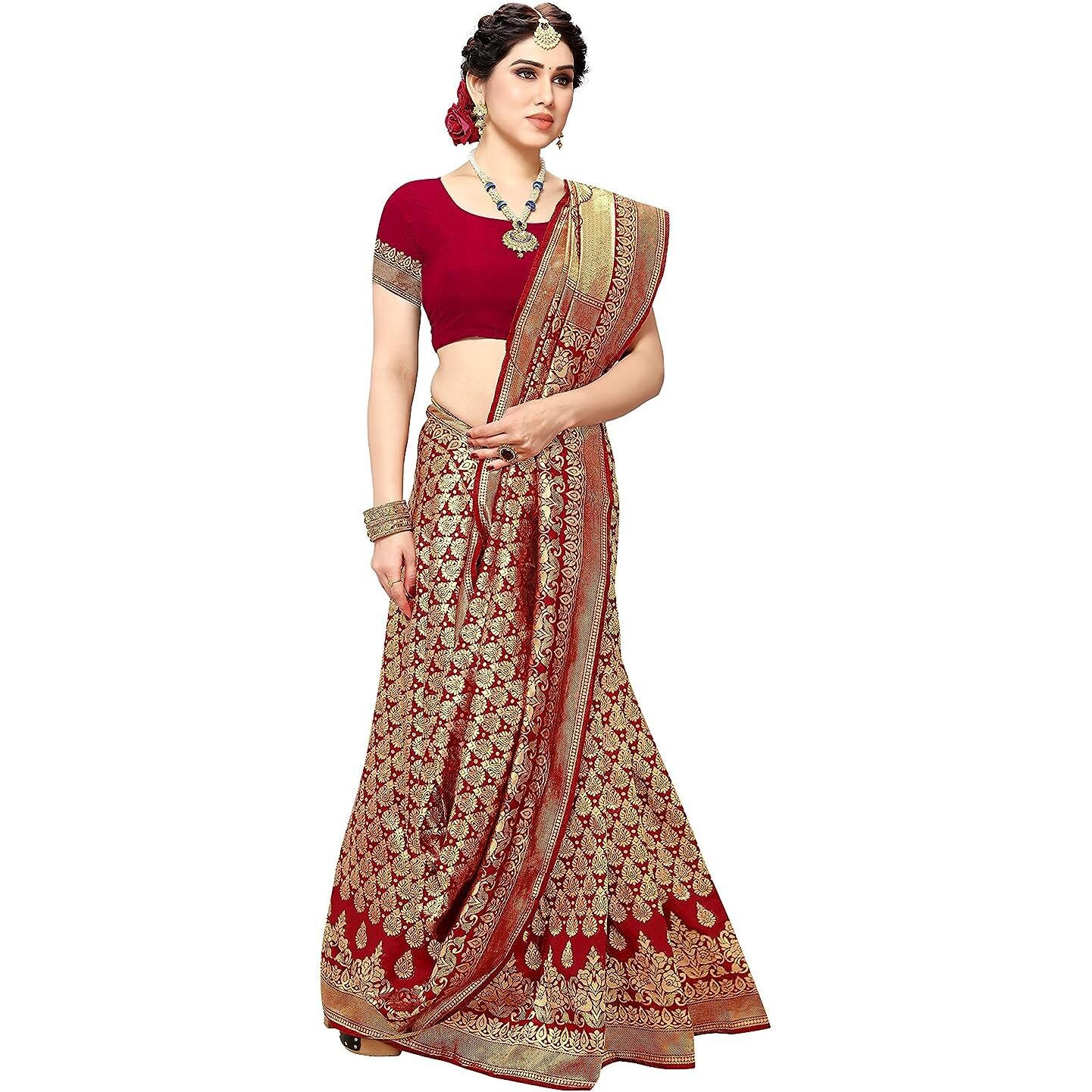 Yashika Womens Trendy Banarasi Kanjivaram Red Color Art Silk Saree with Blouse Material (MALIYA RED)