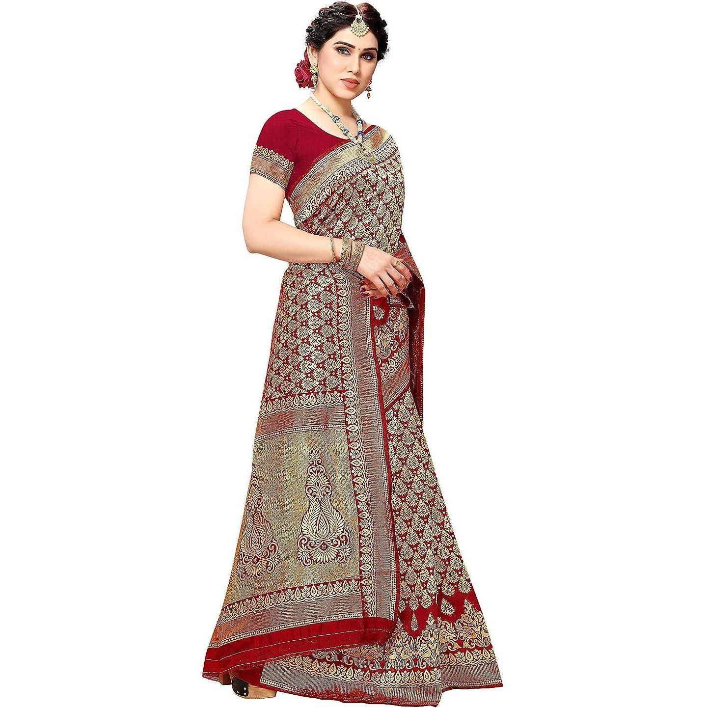 Yashika Womens Trendy Banarasi Kanjivaram Red Color Art Silk Saree with Blouse Material (MALIYA RED)