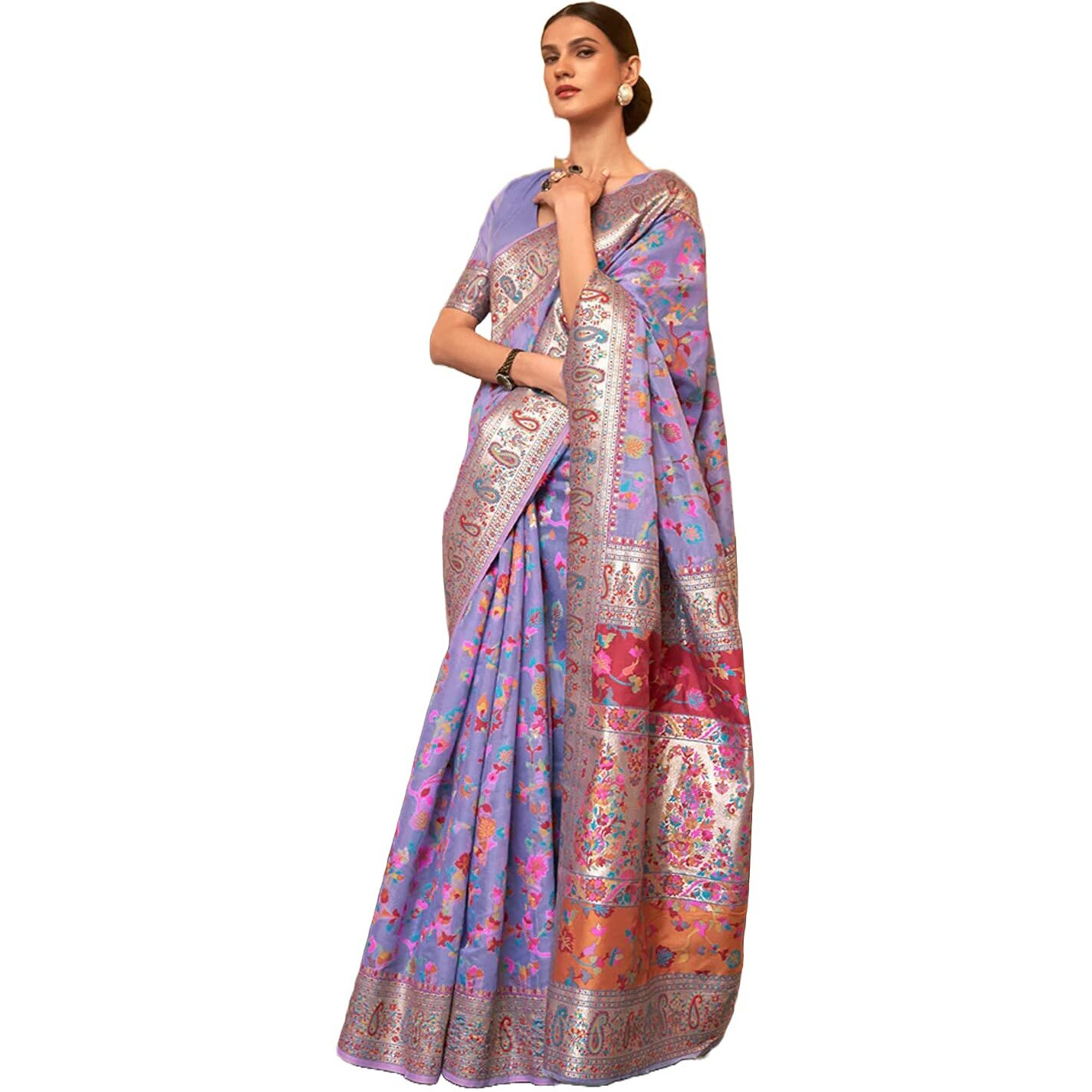 SGF11- Womens Kanjivaram Pure Soft Silk Handloom Saree Pure Golden Zari With Blouse Piece (Light Purple)