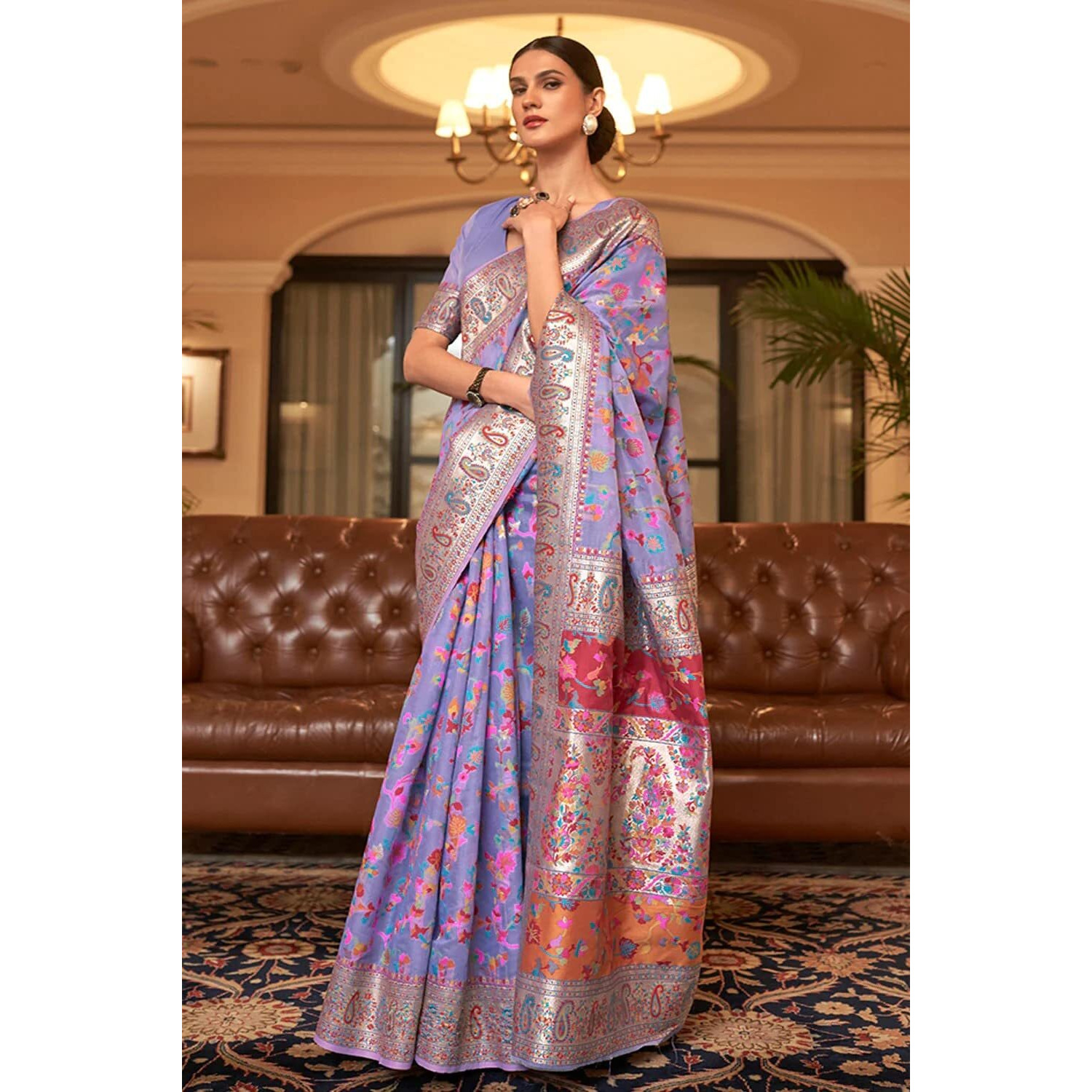 SGF11- Womens Kanjivaram Pure Soft Silk Handloom Saree Pure Golden Zari With Blouse Piece (Light Purple)